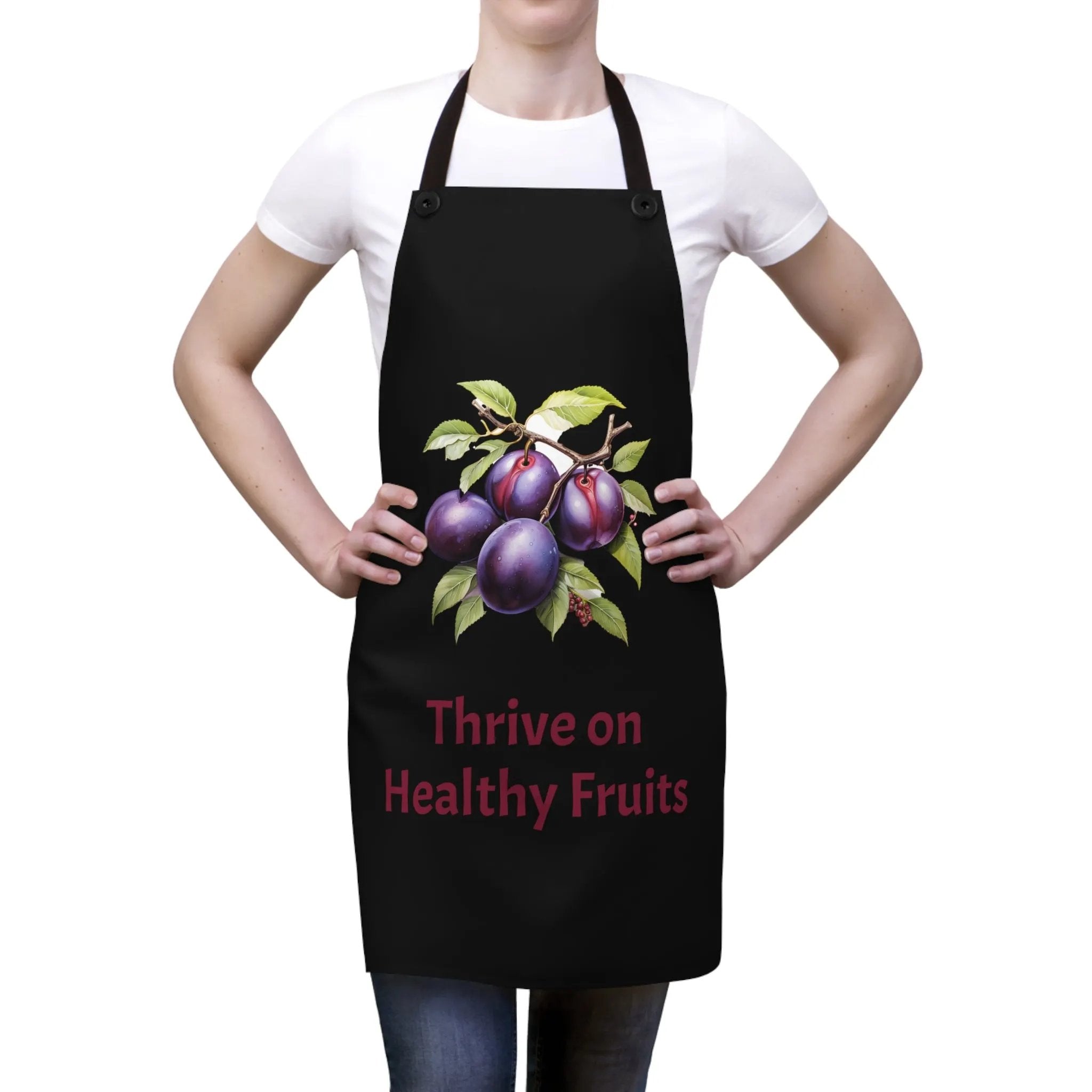 Chef Apron | a woman wearing an apron with fruit on it