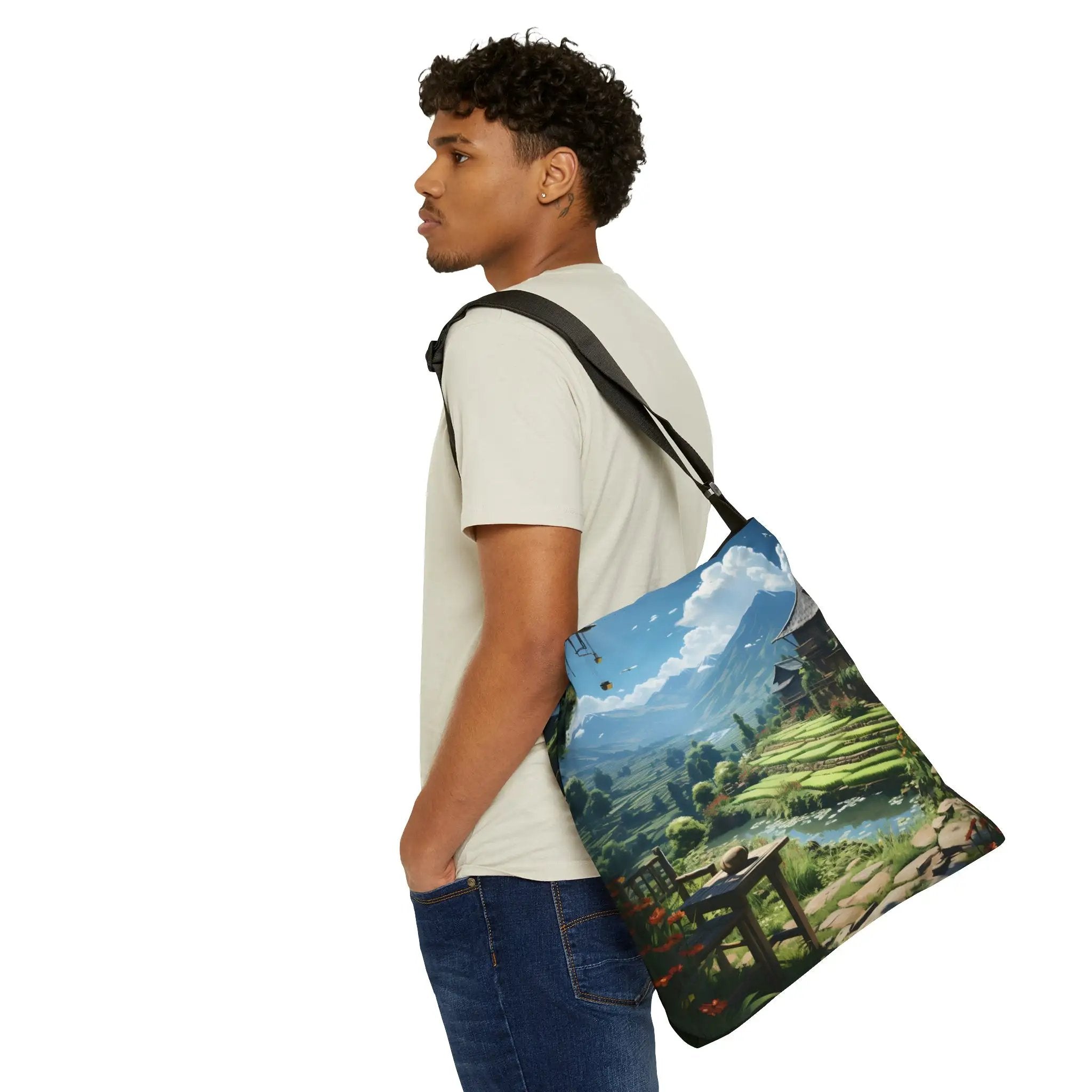 Weekender tote bag | a man carrying a bag with a painting on it