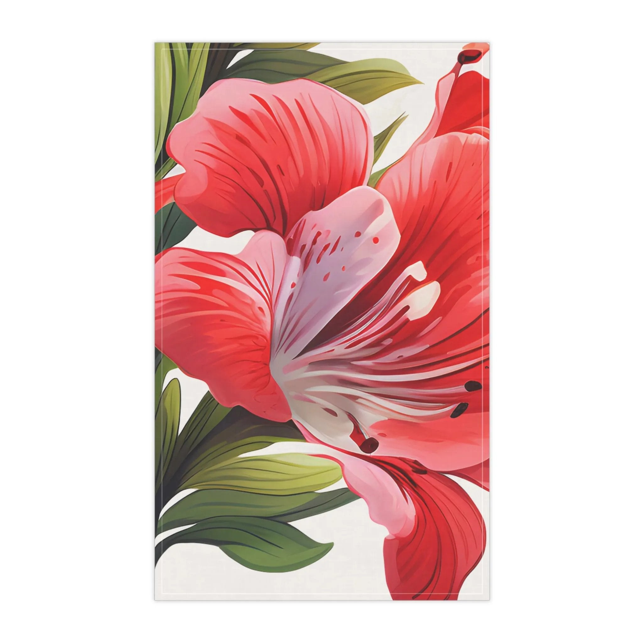 Kitchen Towel | a red flower with green leaves on a white background