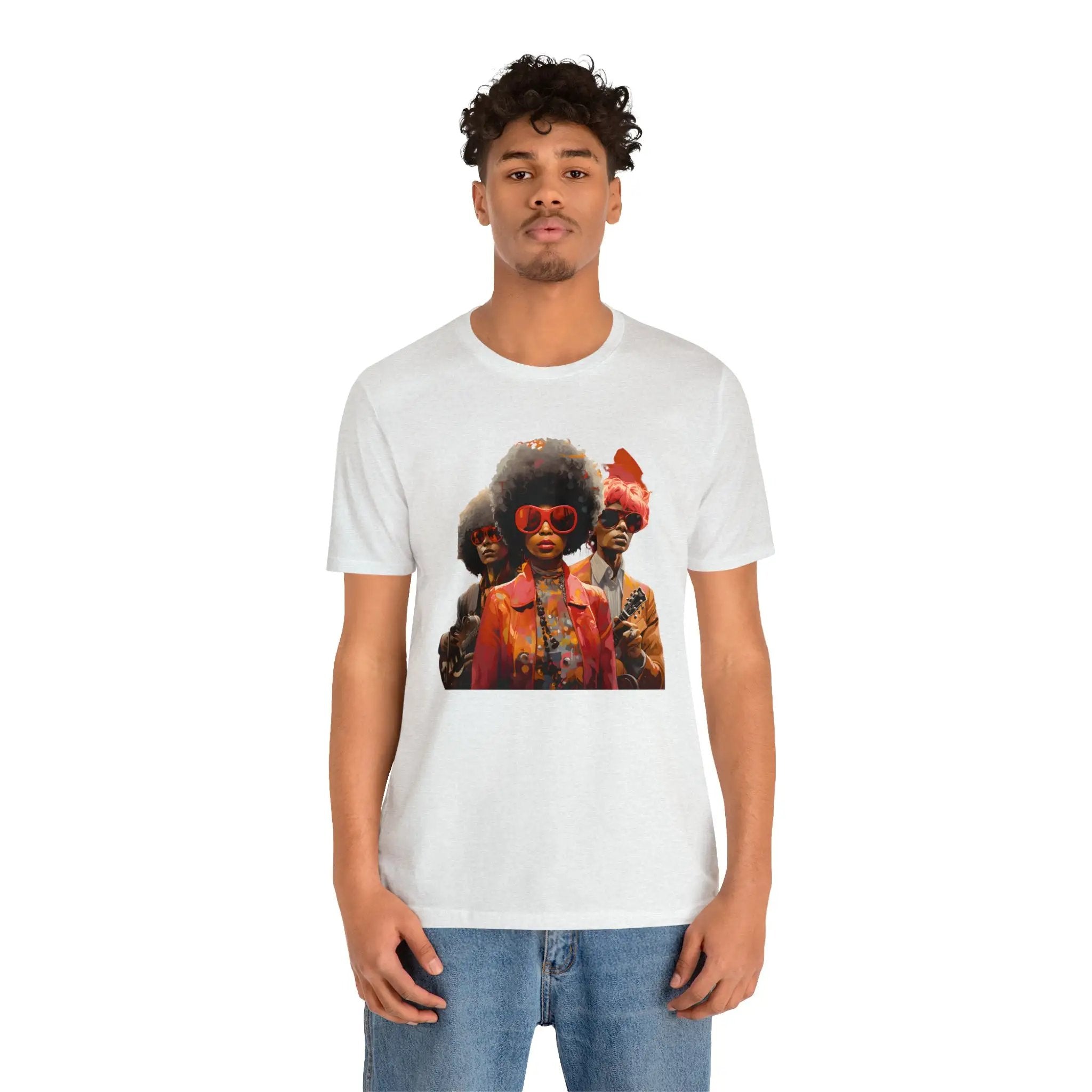 Couple t shirt | a man wearing a white t - shirt with a picture of two black men