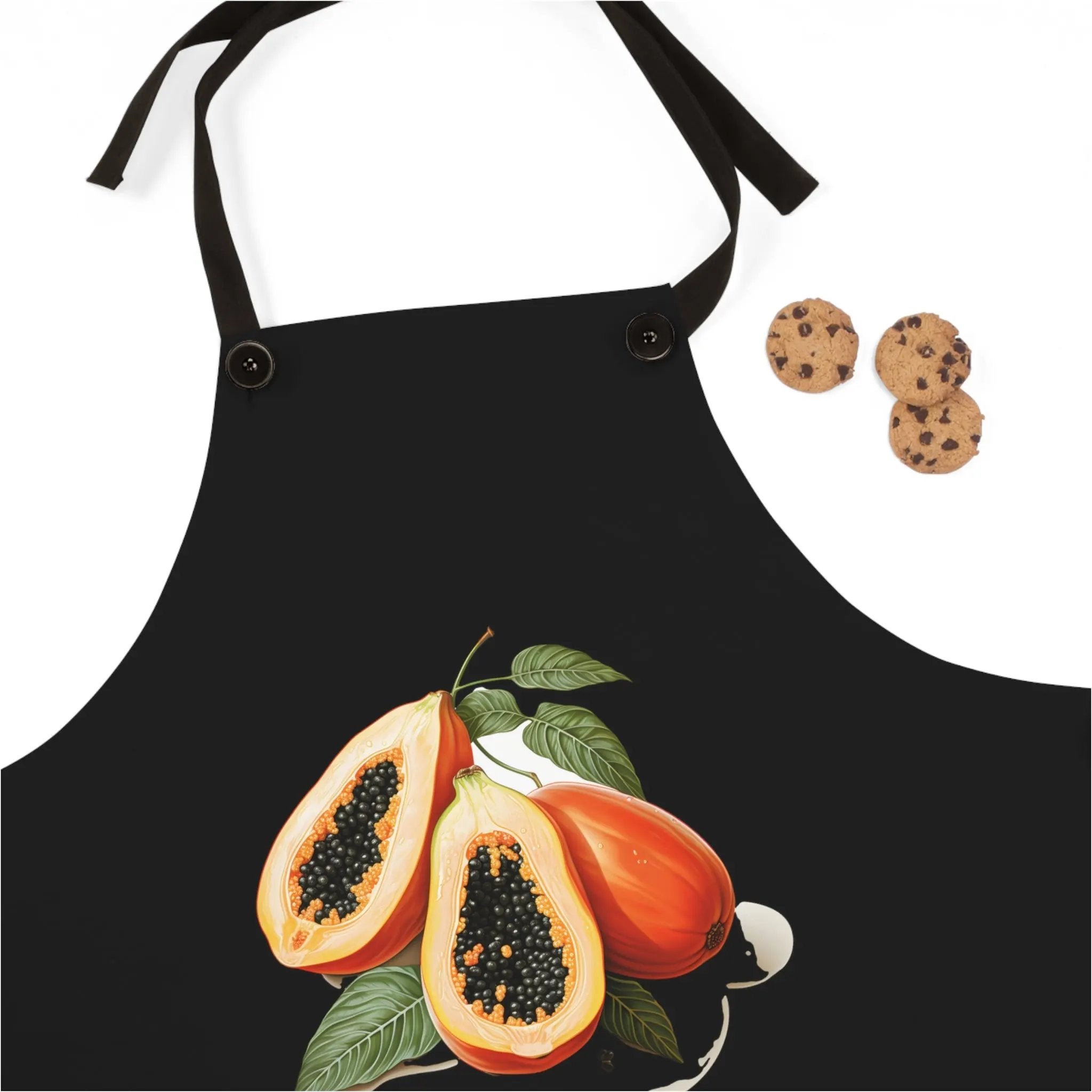 Chef Apron | a black apron with pomegranates and cookies on it