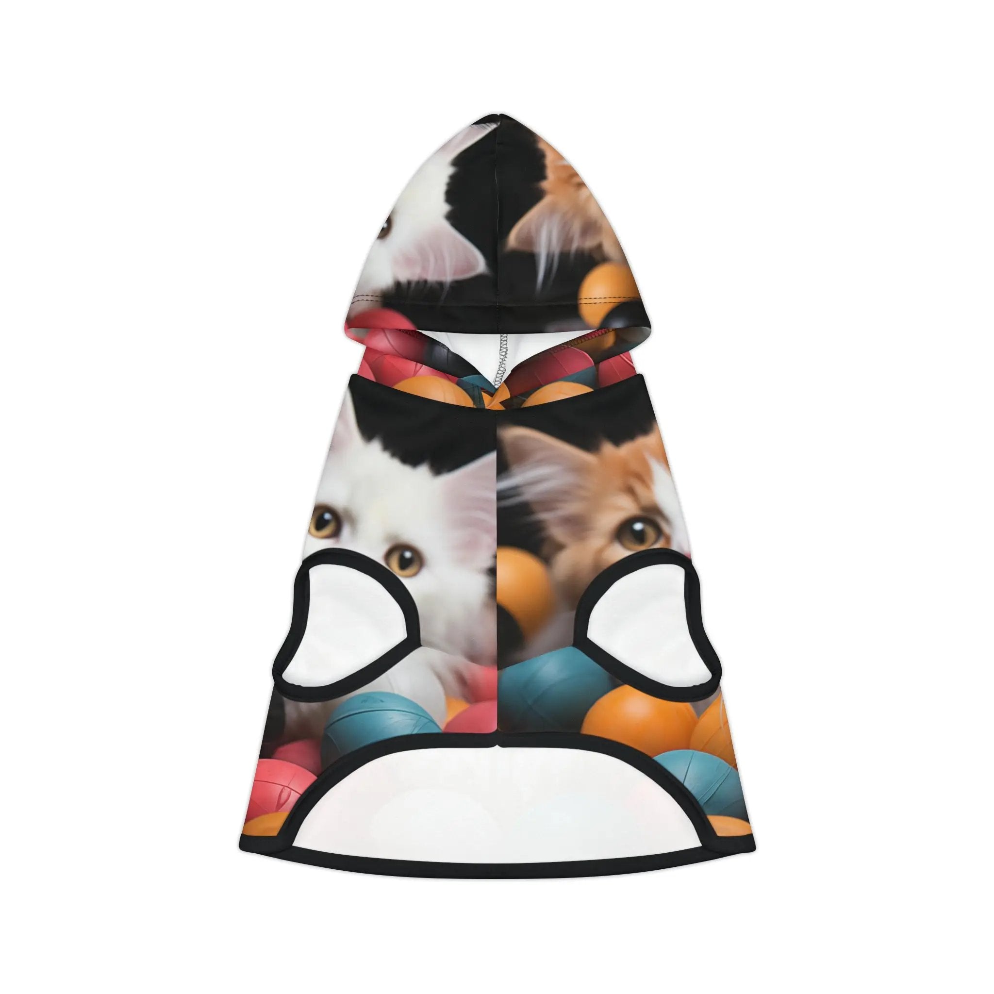 Pet hoodie | a white and brown cat wearing a black and white hat