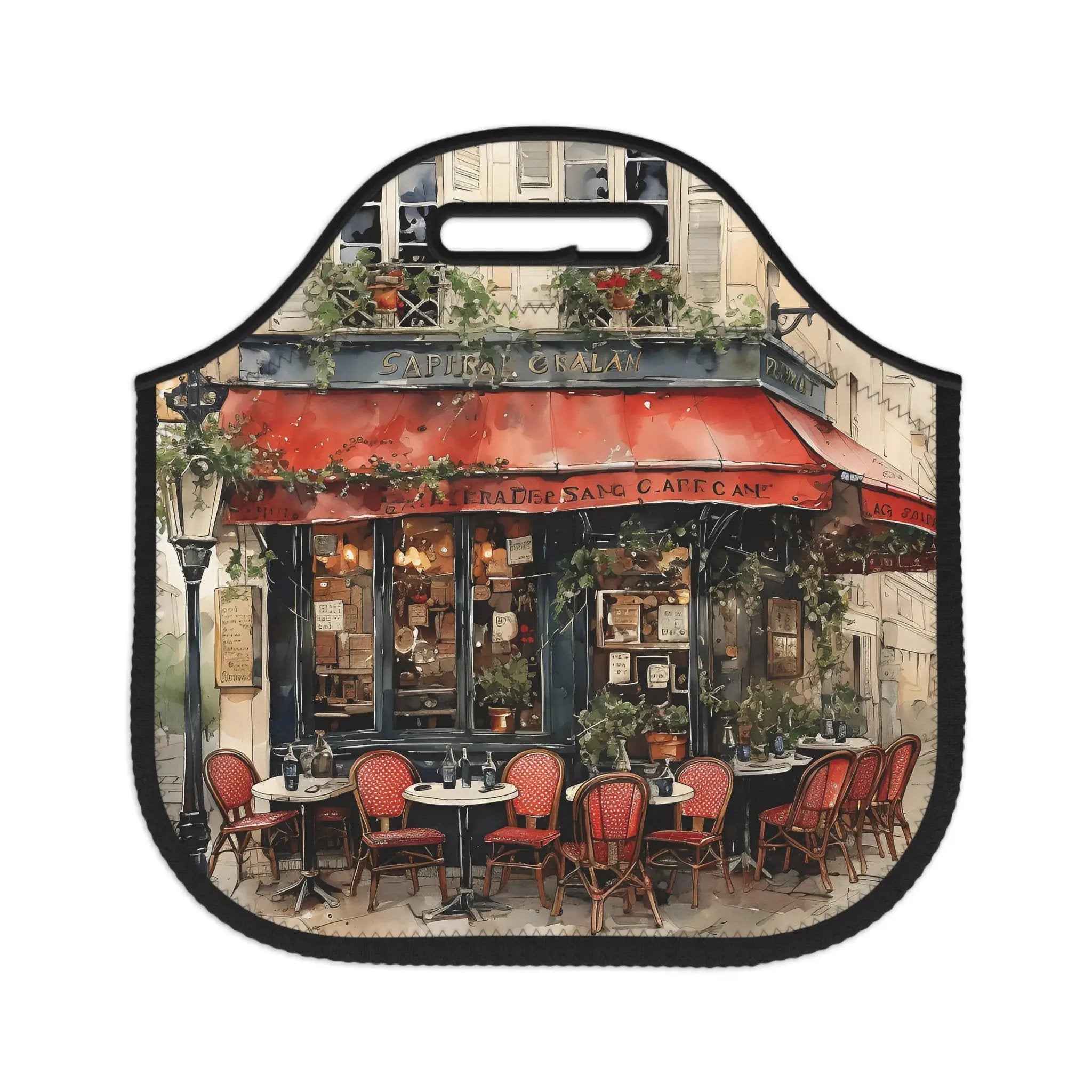 Insulated lunch bag | a painting of a restaurant with a red awning