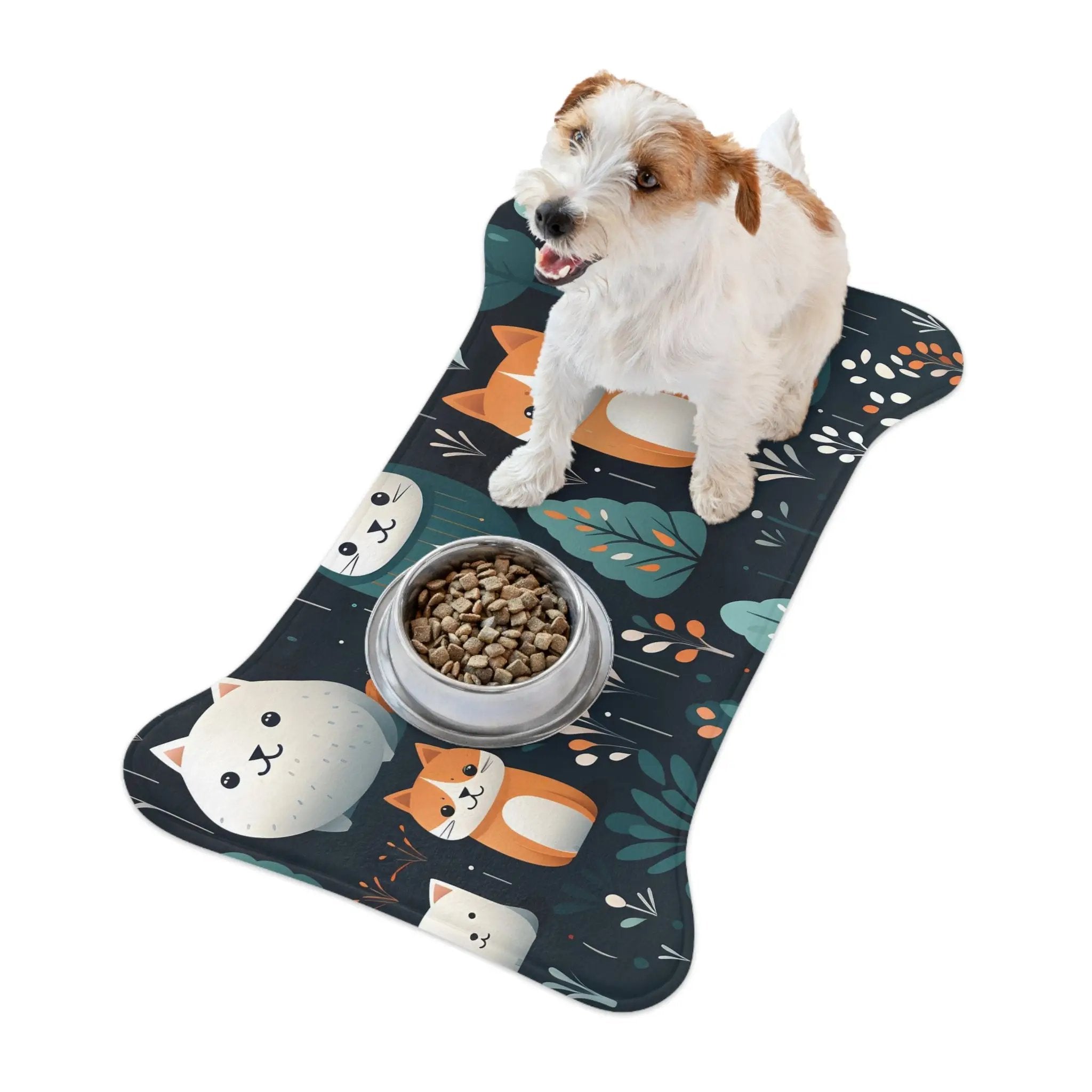 Pet Feeding Mats | a dog sitting on a mat with a bowl of food