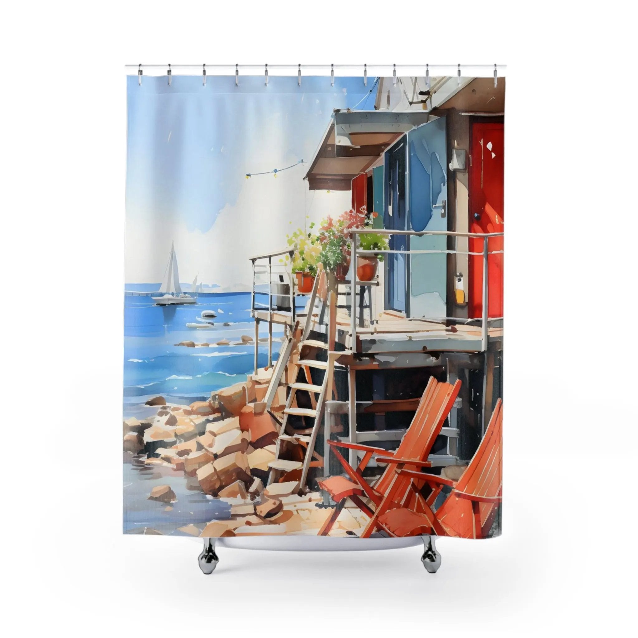 shower curtain rod | a shower curtain with a painting of a beach scene