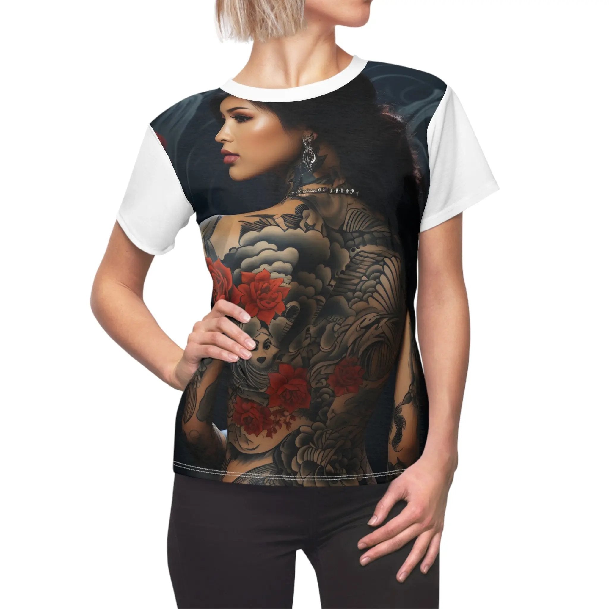 Women Tee | a woman wearing a t - shirt with a tattoo on it