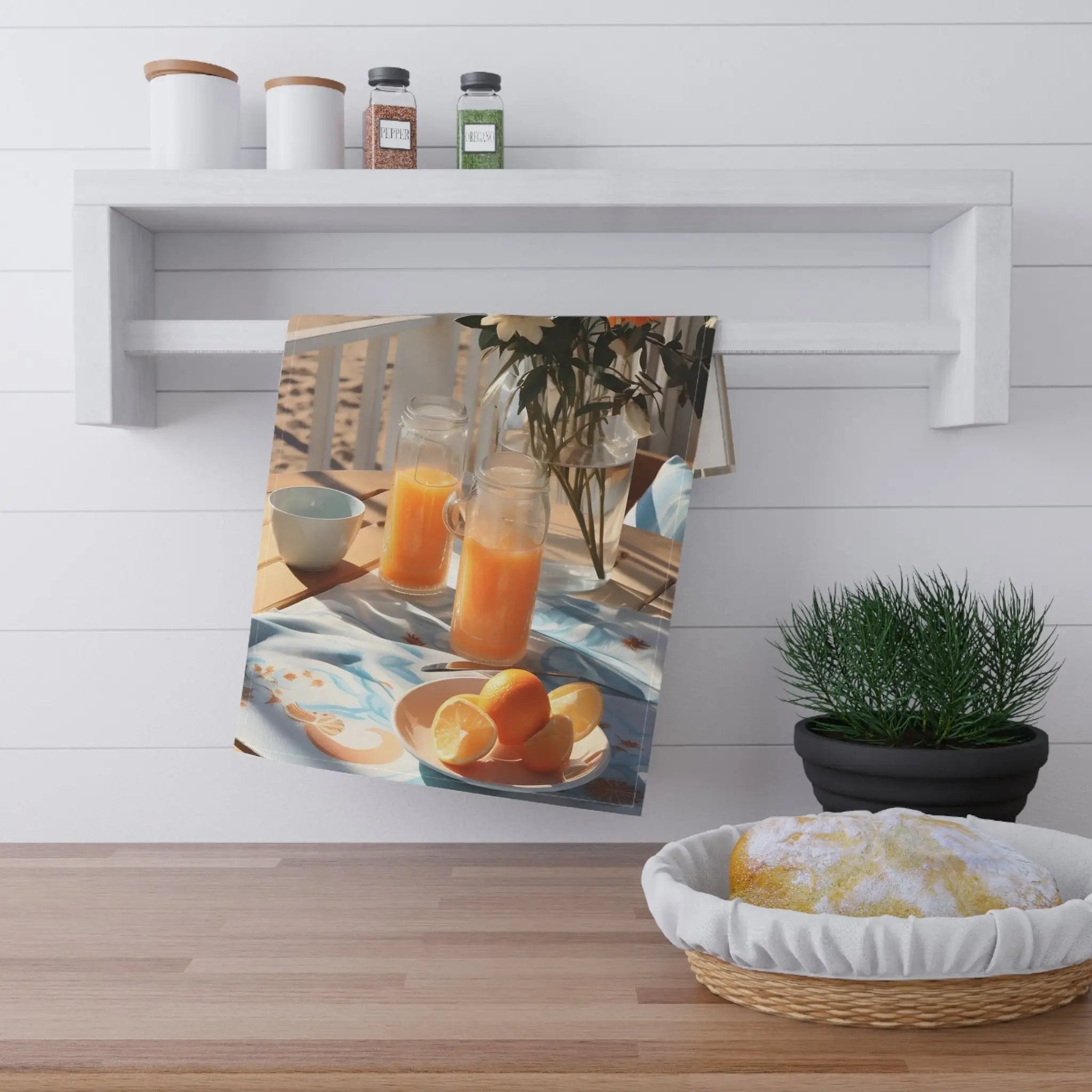 Kitchen Towel | Kitchen Towel | Sunny Beach Morning Breakfast With Orange | Tea Towel