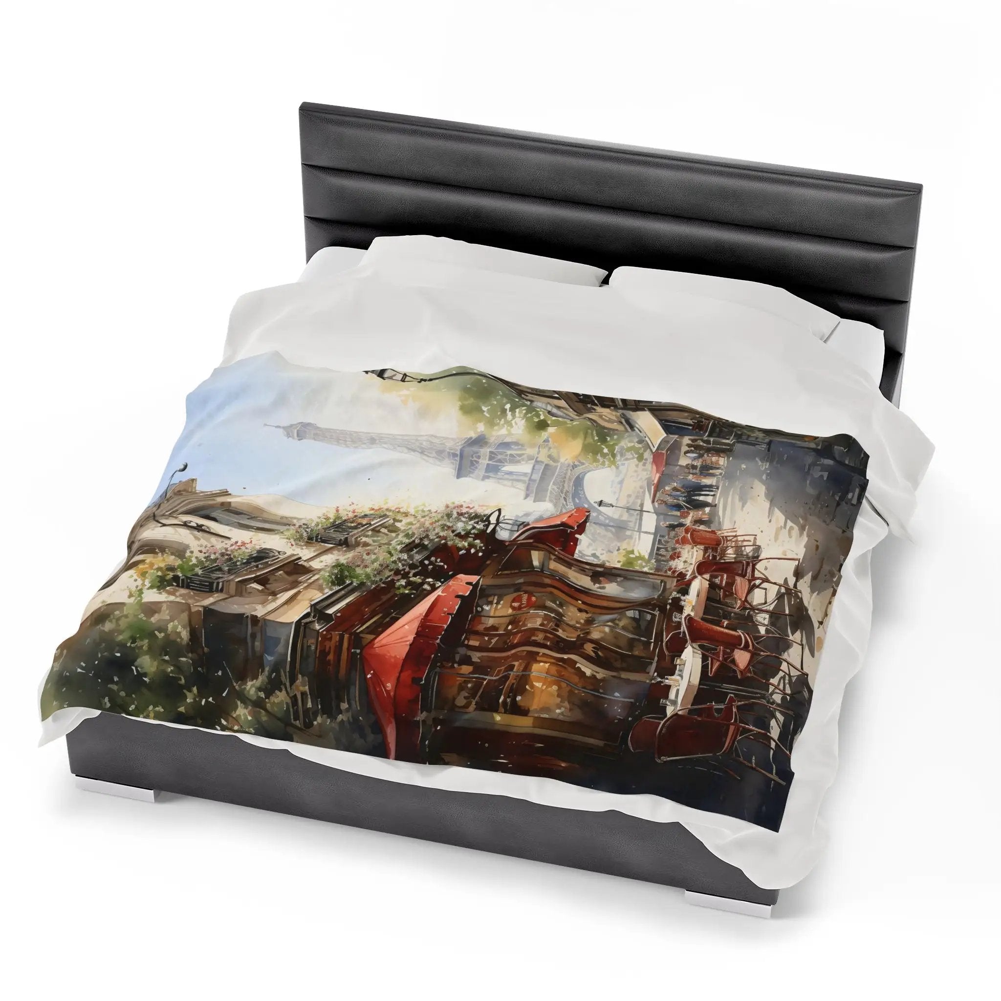 bedroom Blanket | a bed with a picture of a city on it