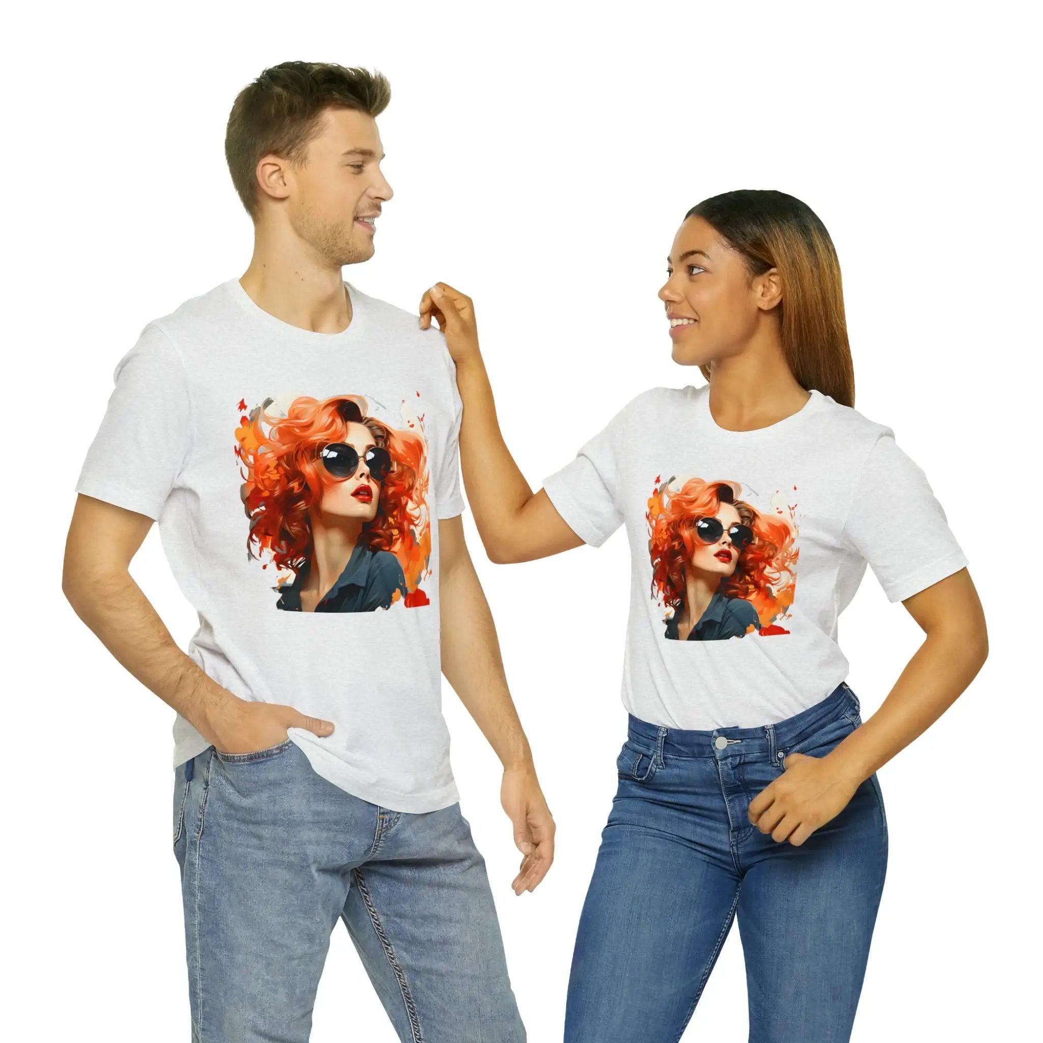 Couple t shirt | a man and a woman wearing t - shirts with a picture of a woman with