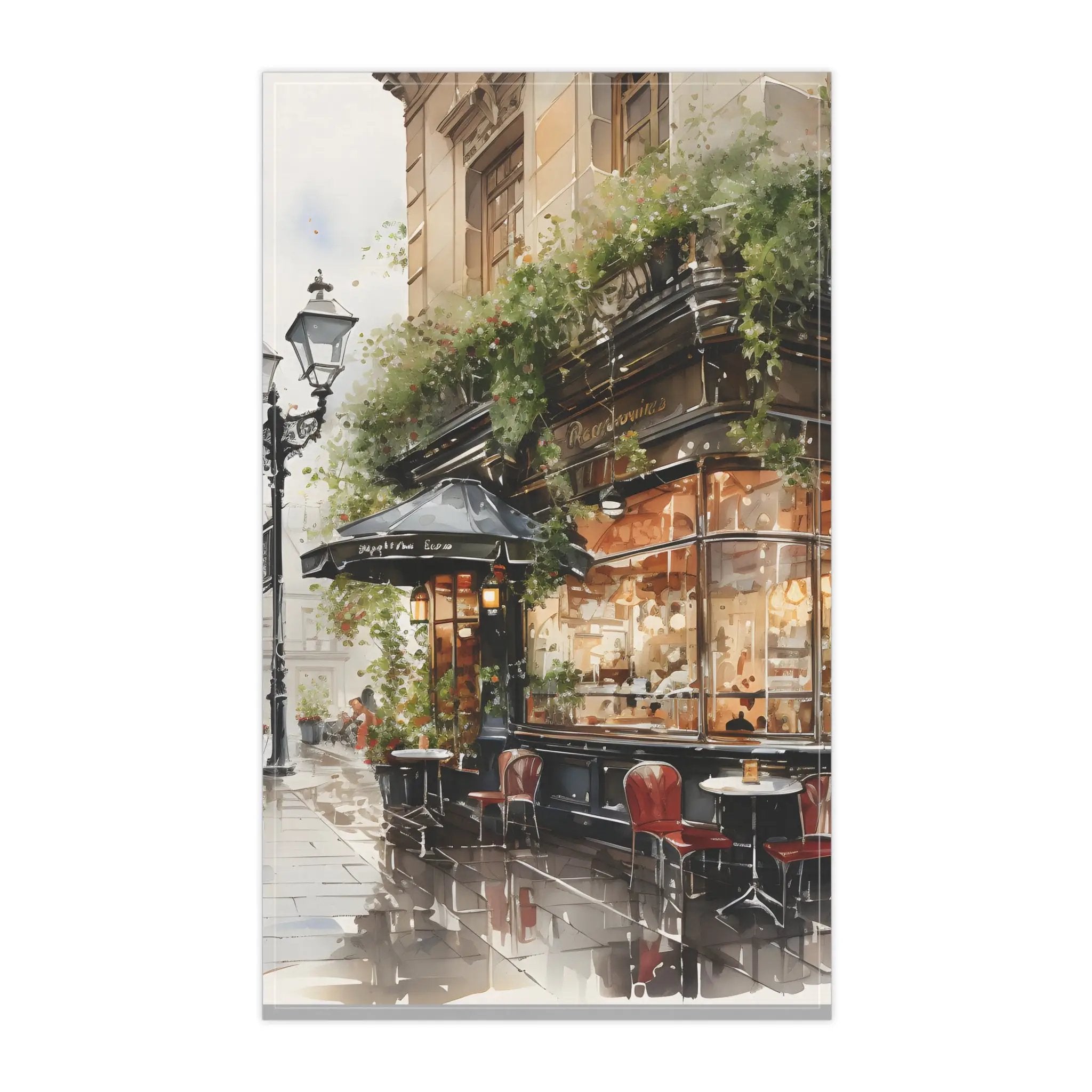 Kitchen Towel | a painting of a restaurant with tables and umbrellas