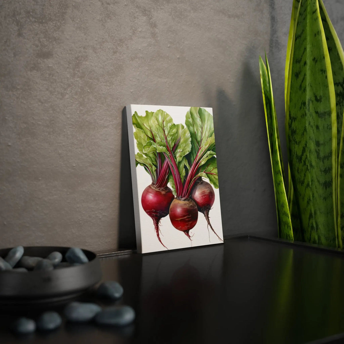 Canvas Gallery Wraps | a painting of radishes on a table next to a potted plant