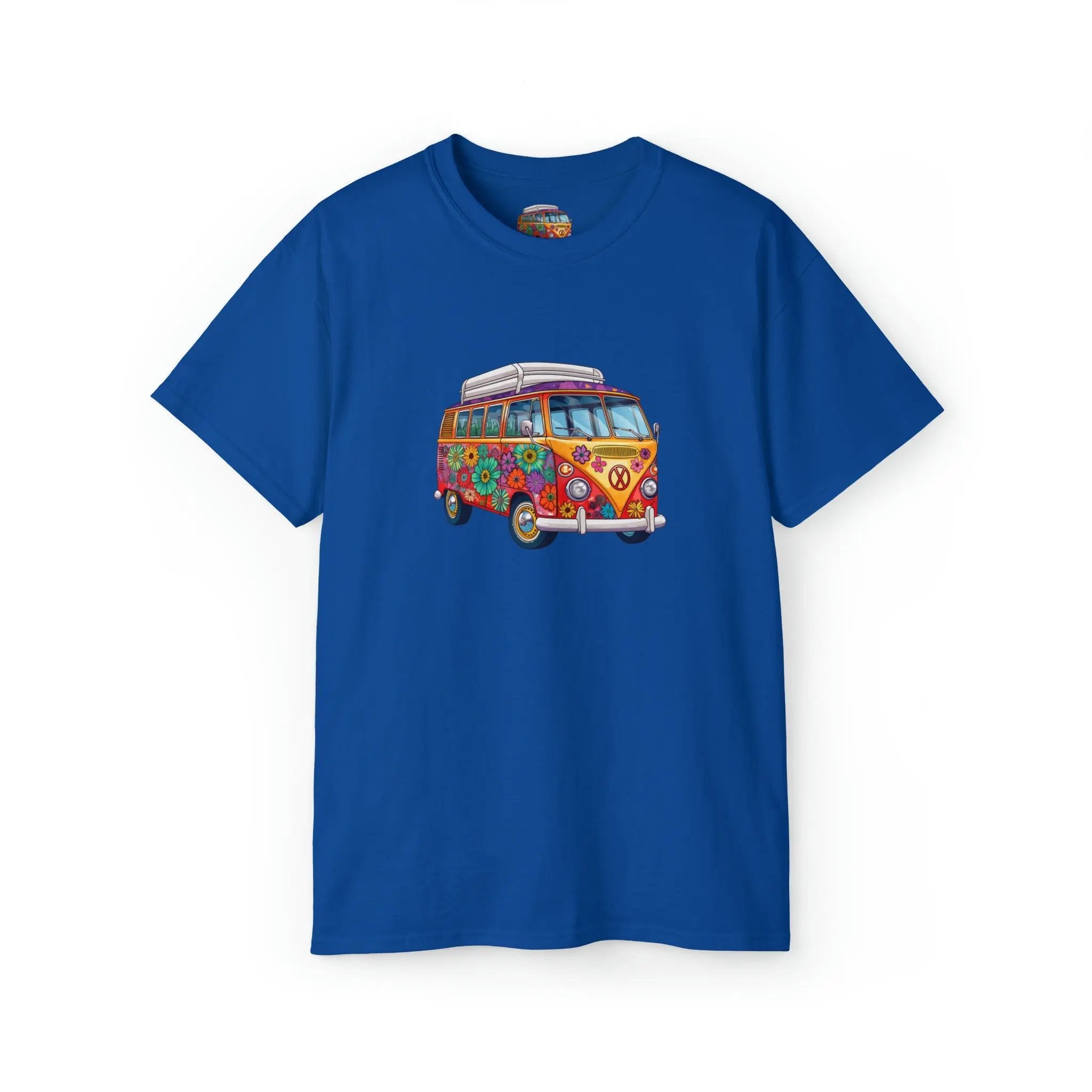 a blue t - shirt with an image of a van bus