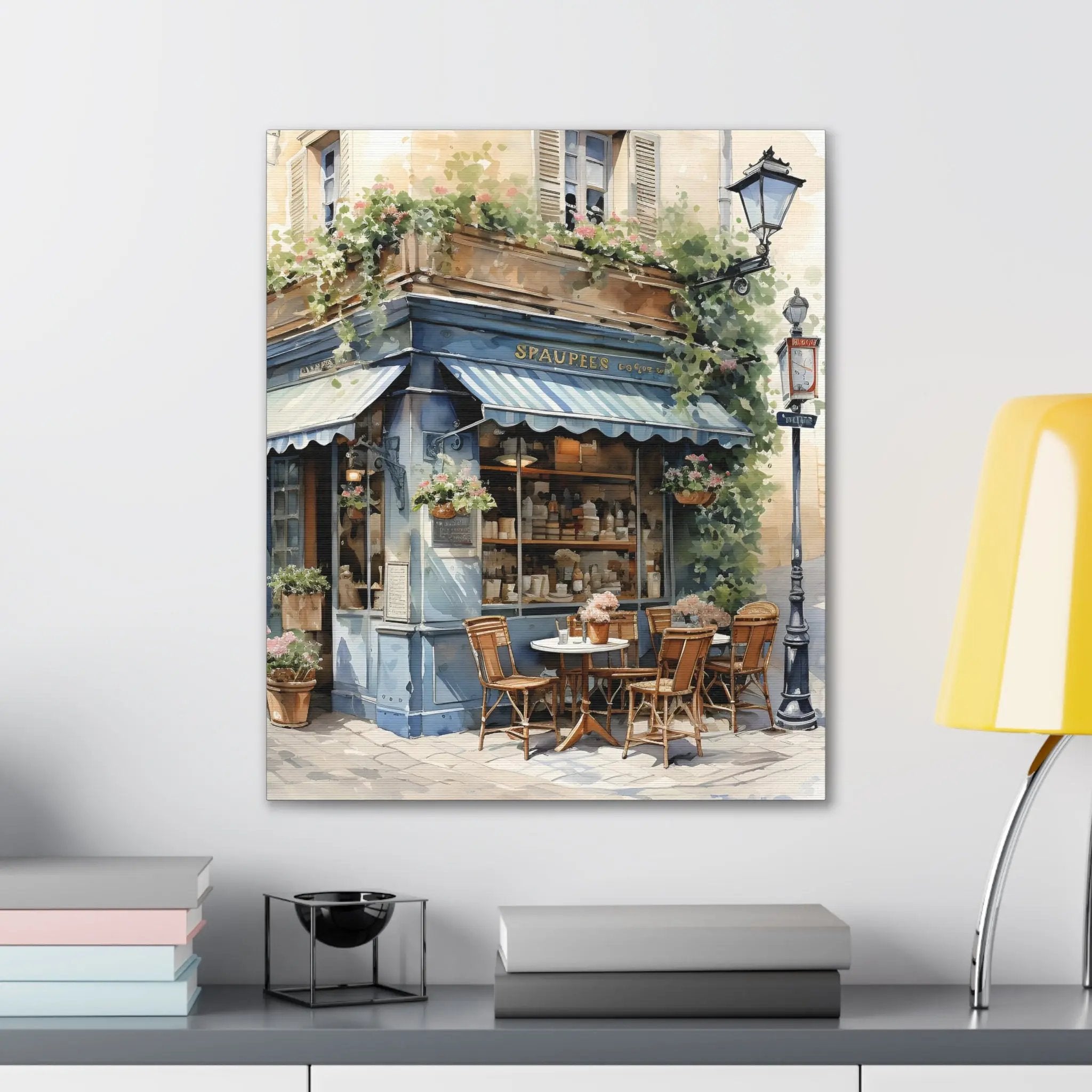 Canvas Gallery Wraps | a painting of a cafe with a woman sitting at a table