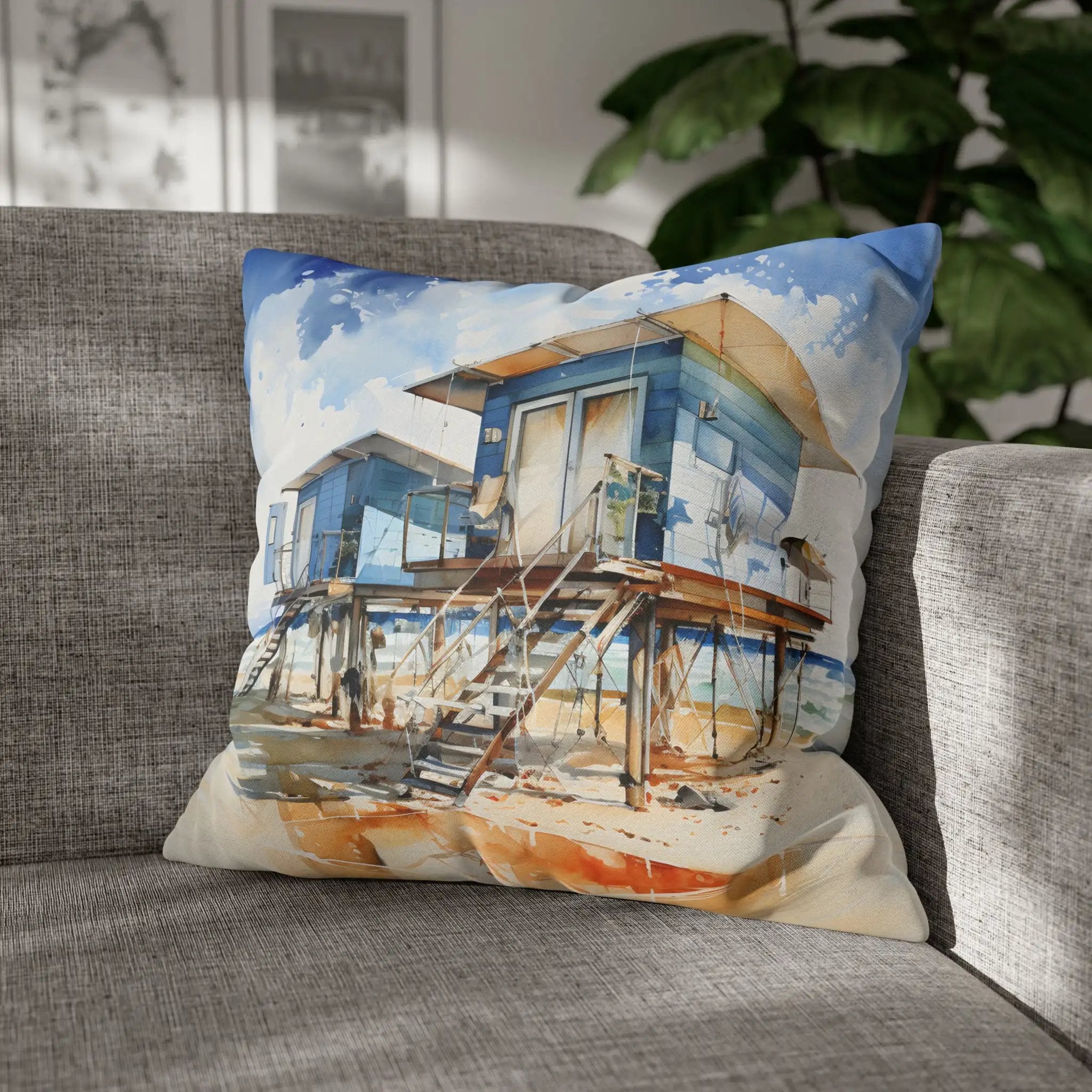 pillow cover | a painting of a lifeguard station on a couch