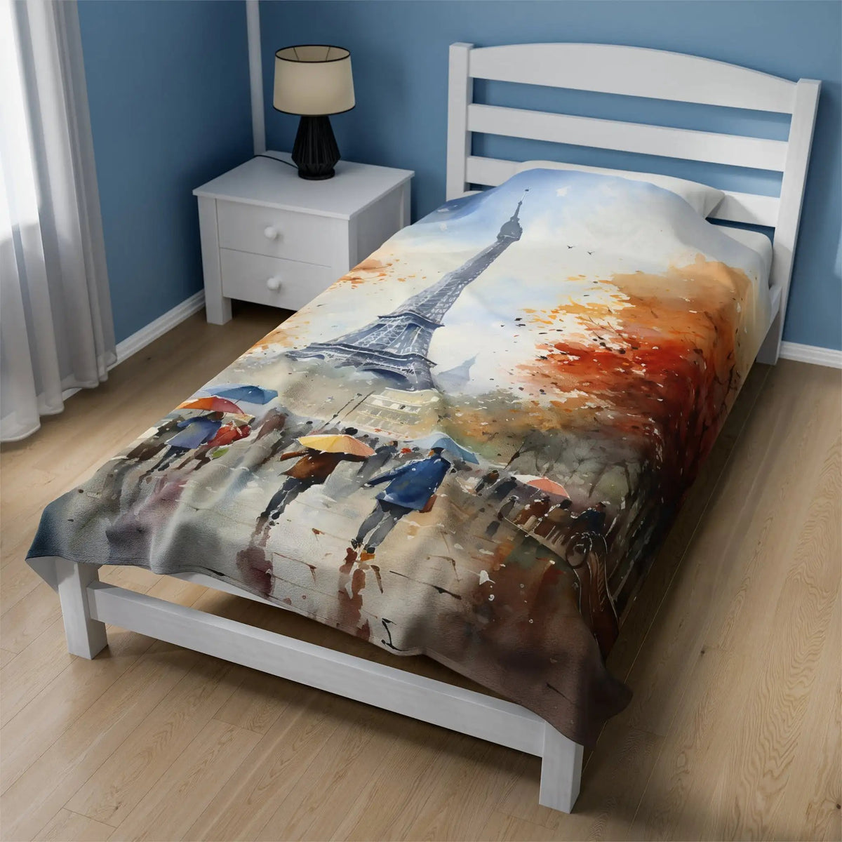 bedroom Blanket | a bed with a painting on it in a room