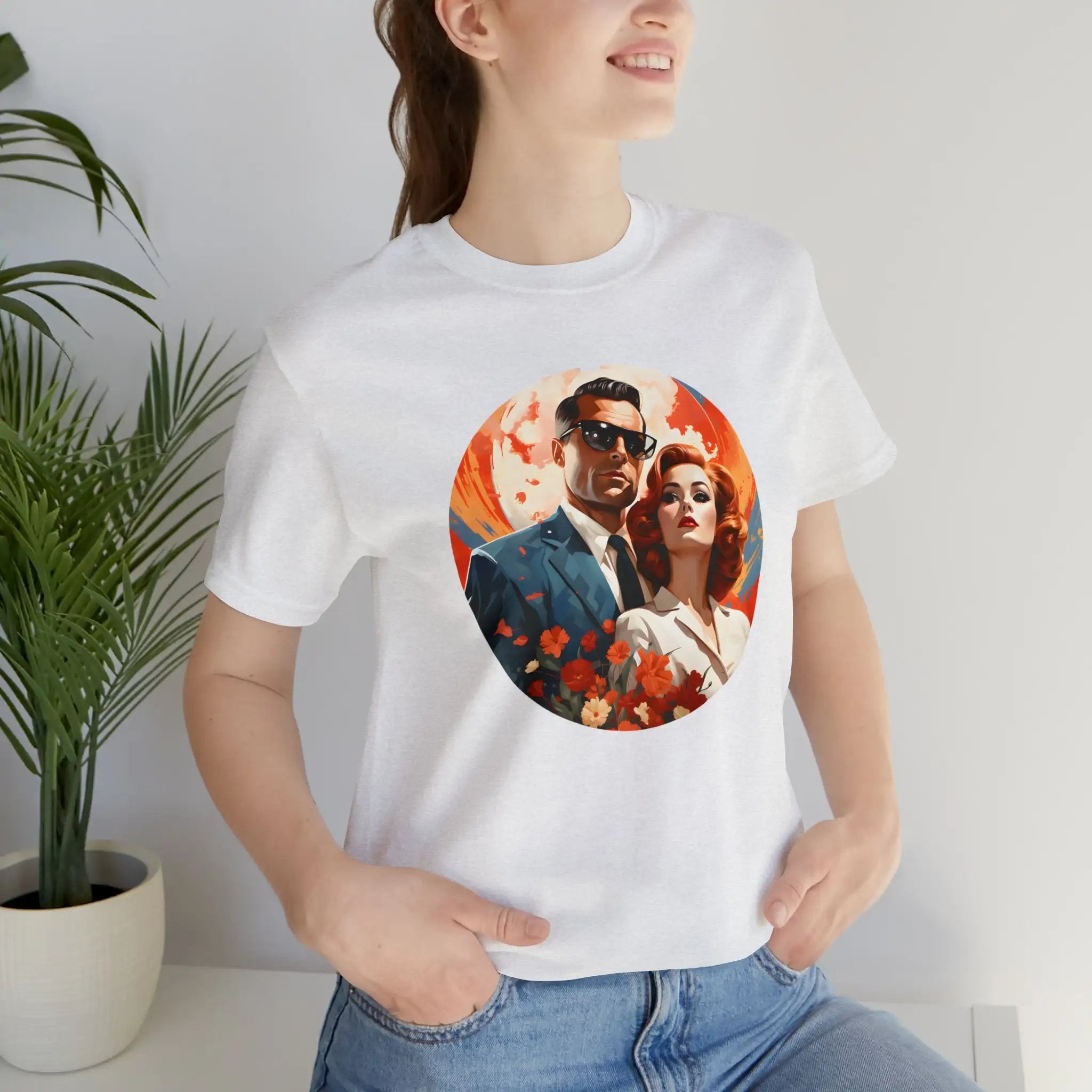 Couple t shirt | a woman wearing a white t - shirt with a picture of a man and woman