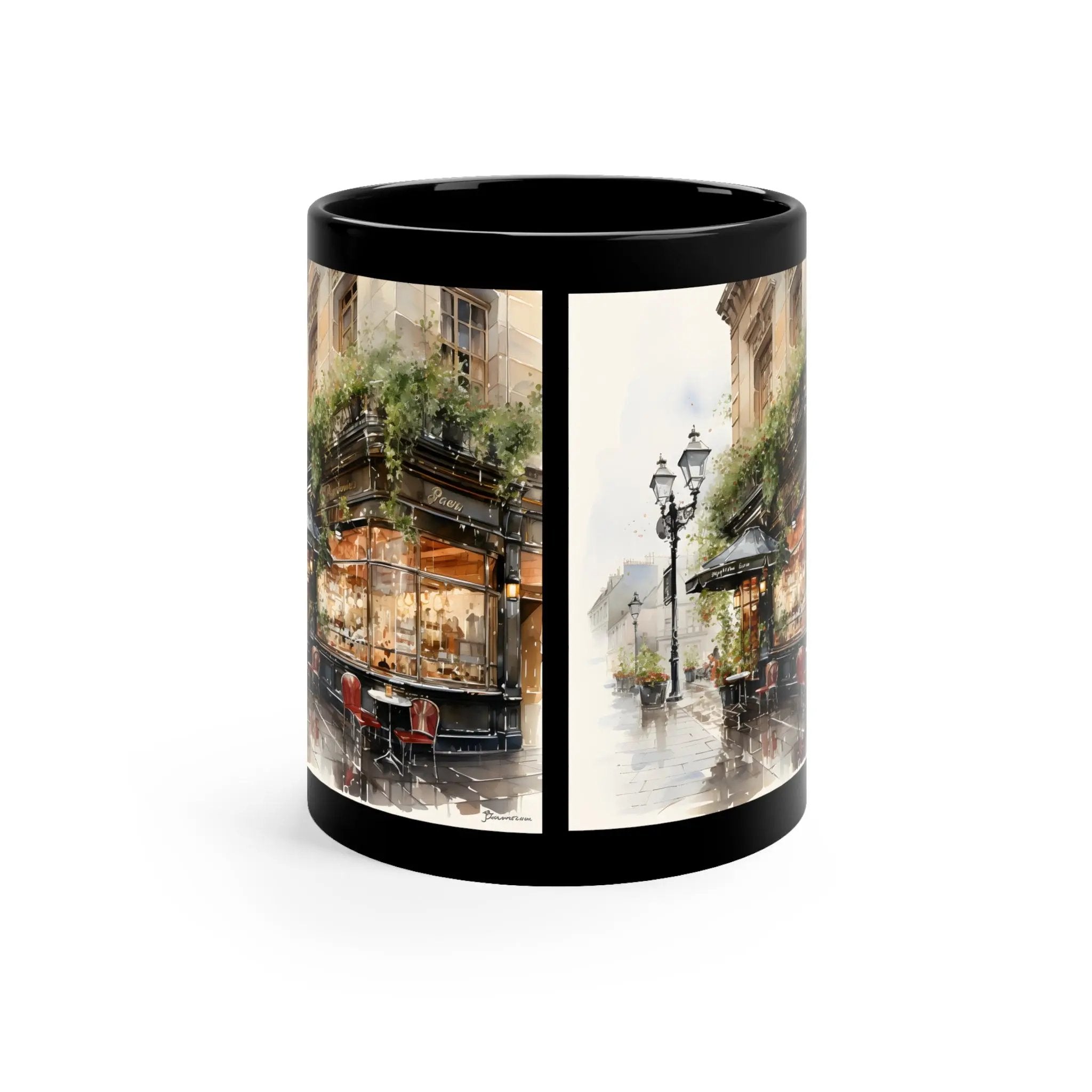 Mugs coffee | a black coffee mug with a picture of a street corner