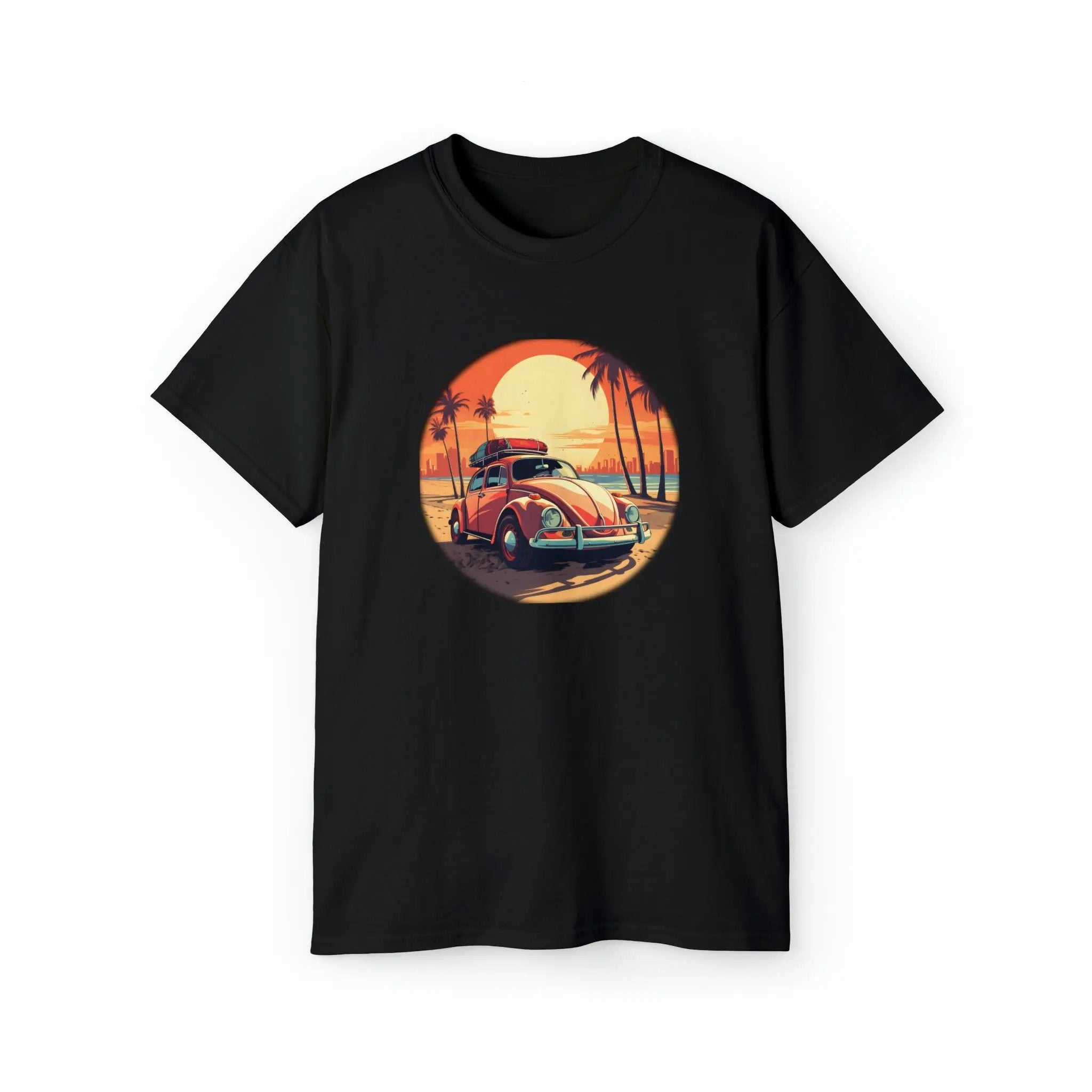 men tee graphic | a black t - shirt with an image of a car on the beach