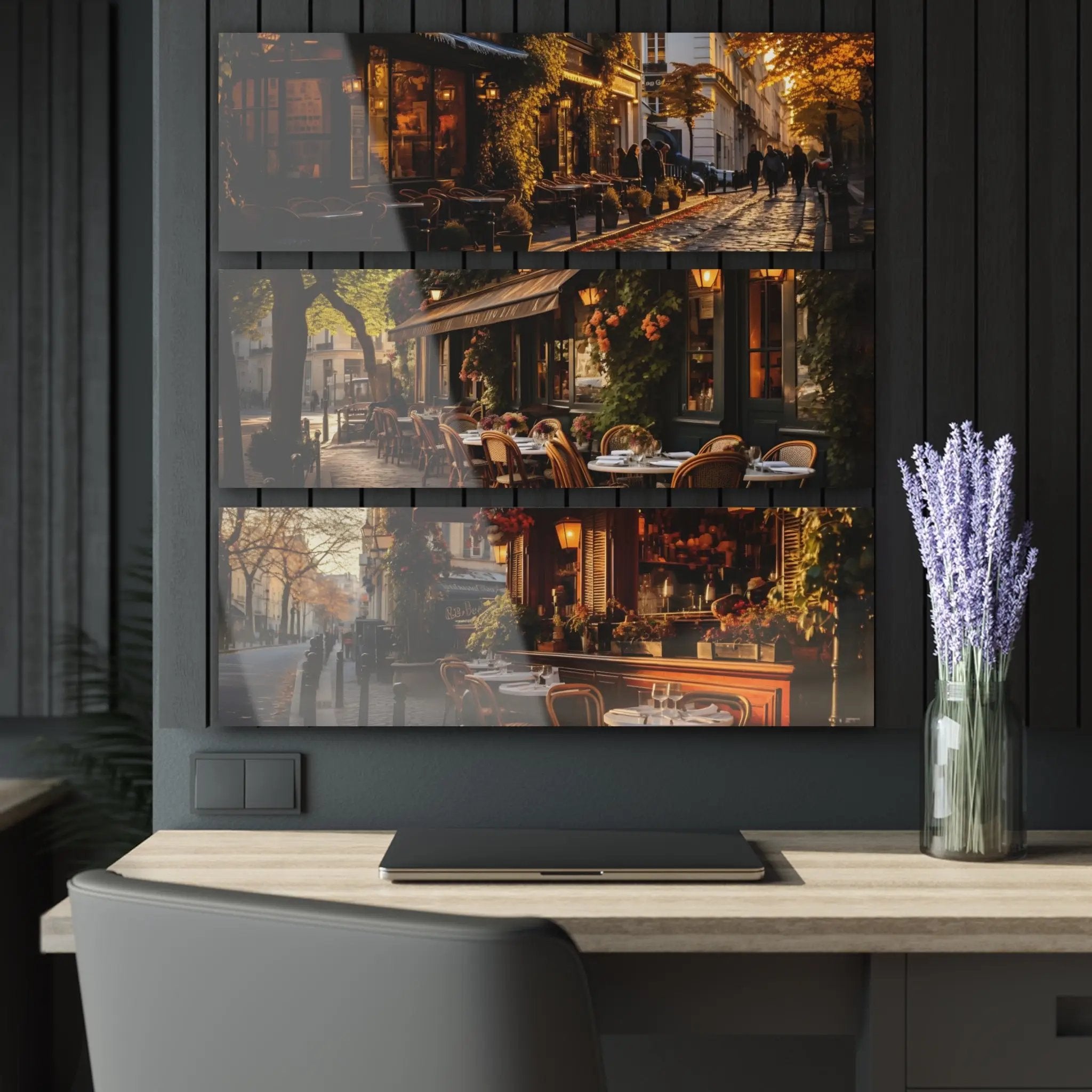 Triptych artwork | a table with a vase of flowers on top of it