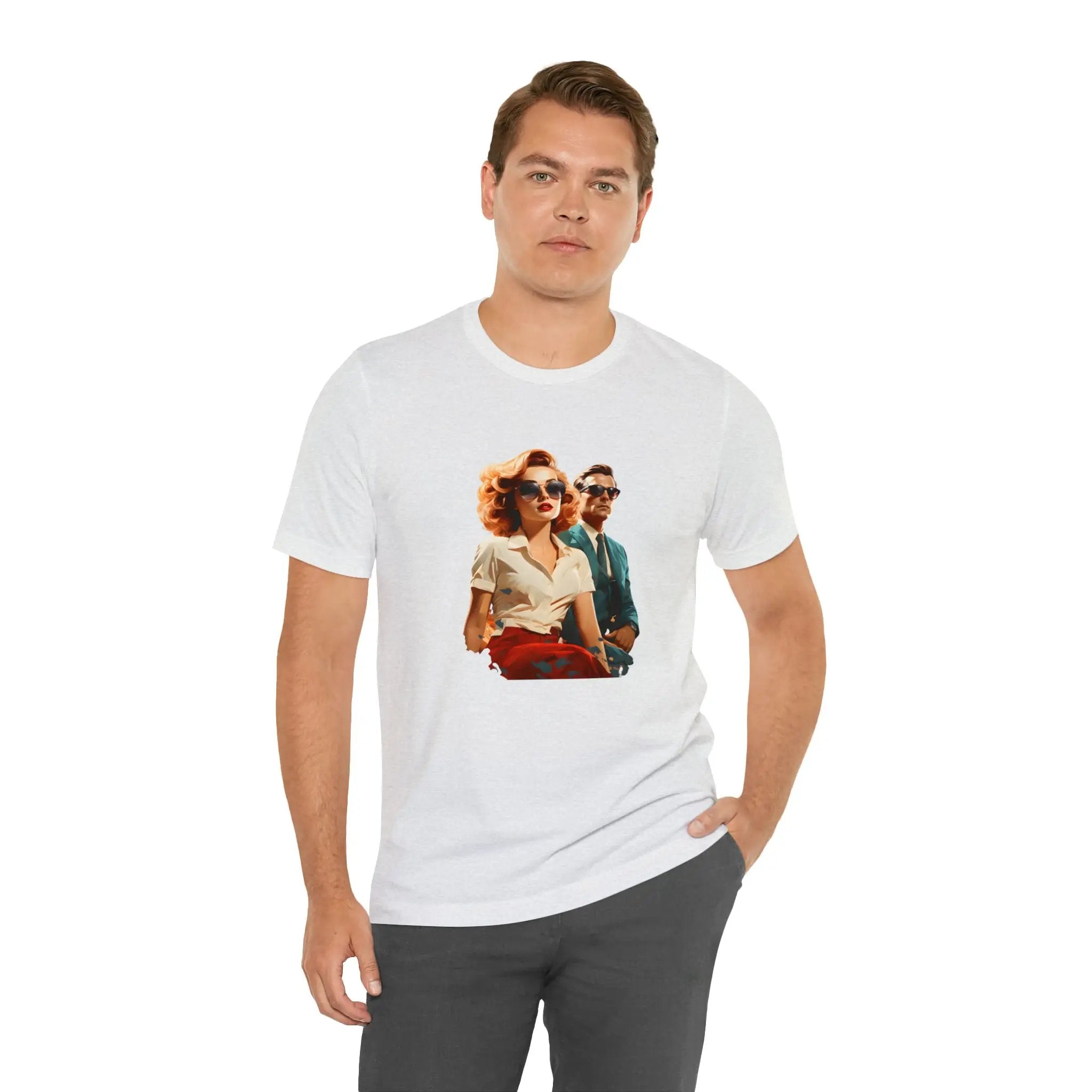 Couple t shirt | a man wearing a white t - shirt with a picture of two people on it