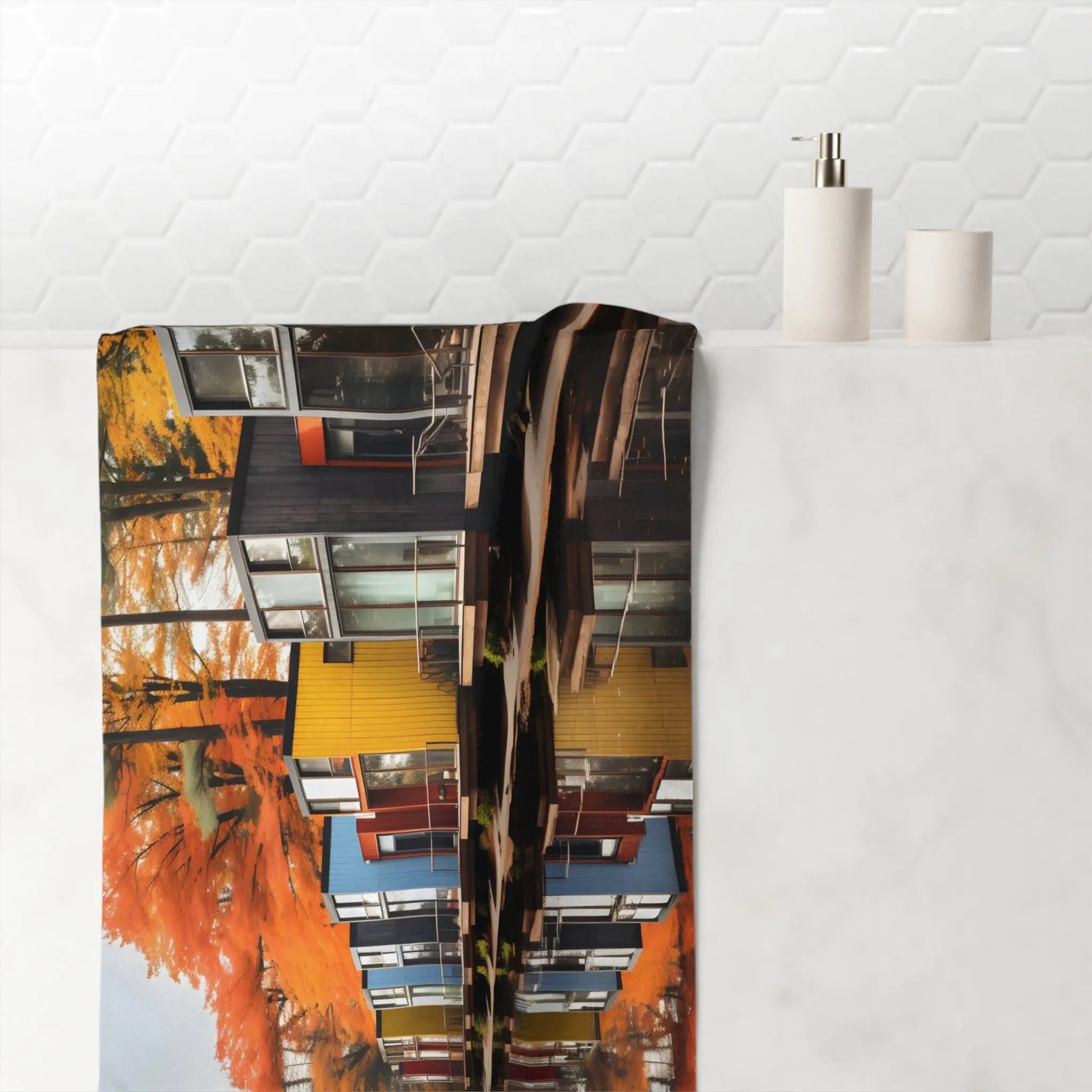 best bath towel | a shower curtain with a picture of a building on it