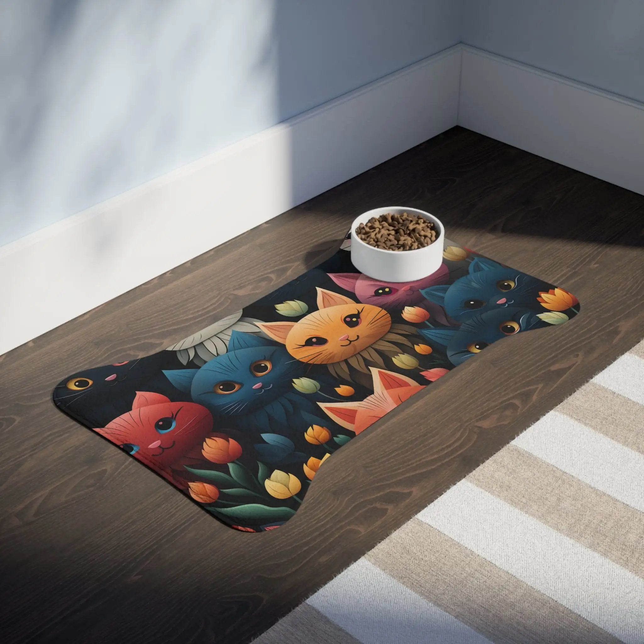 Pet Feeding Mats | a bowl of cereal sits on a floor next to a bowl of cats