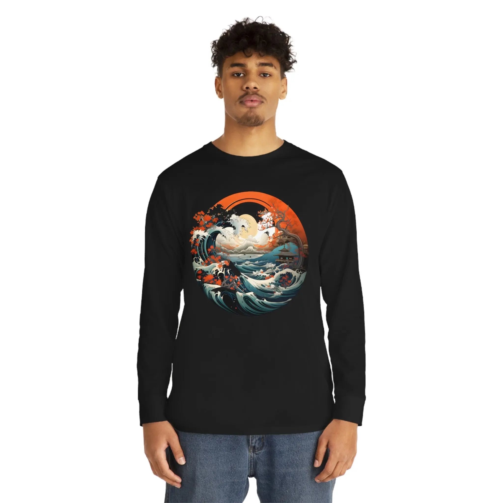 Long Sleeve t shirt | a man wearing a black long - sleeved shirt with a painting of a wave