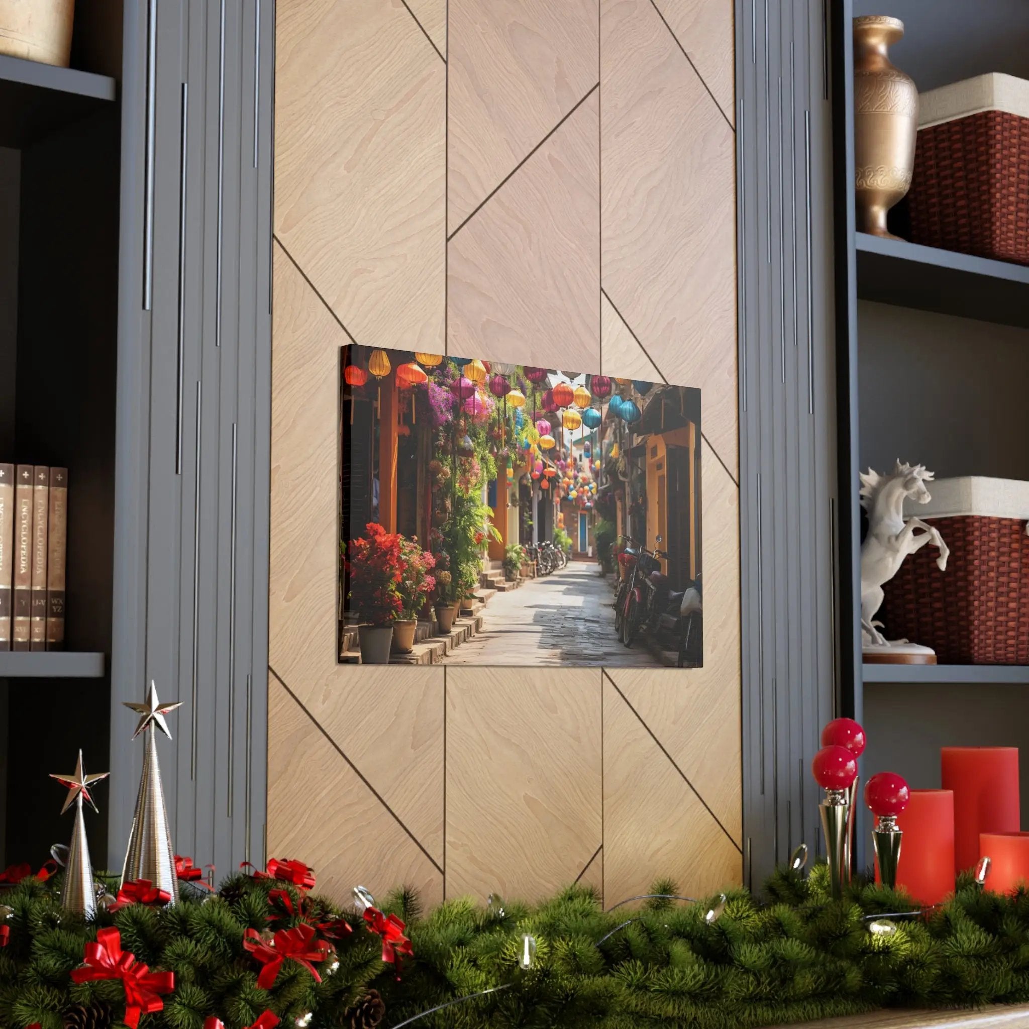 Canvas Gallery Wraps | a picture of a street with Christmas decorations