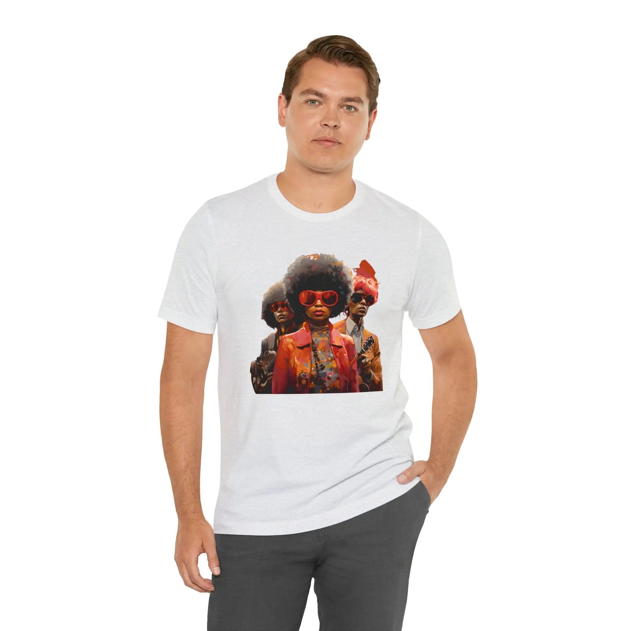 Couple t shirt | a man wearing a t - shirt with a picture of two people on it