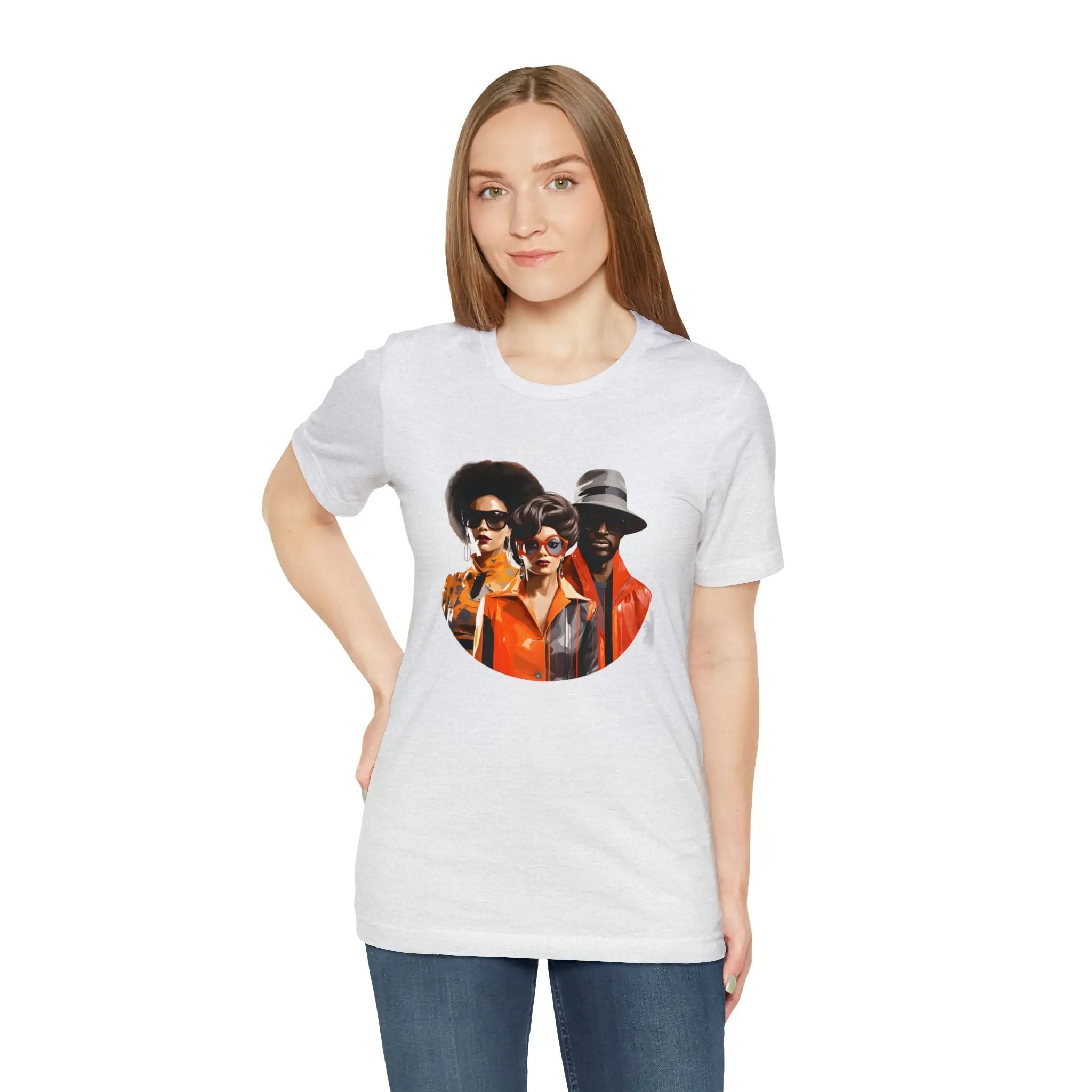 Couple t shirt | a woman wearing a white t - shirt with a picture of two men on it