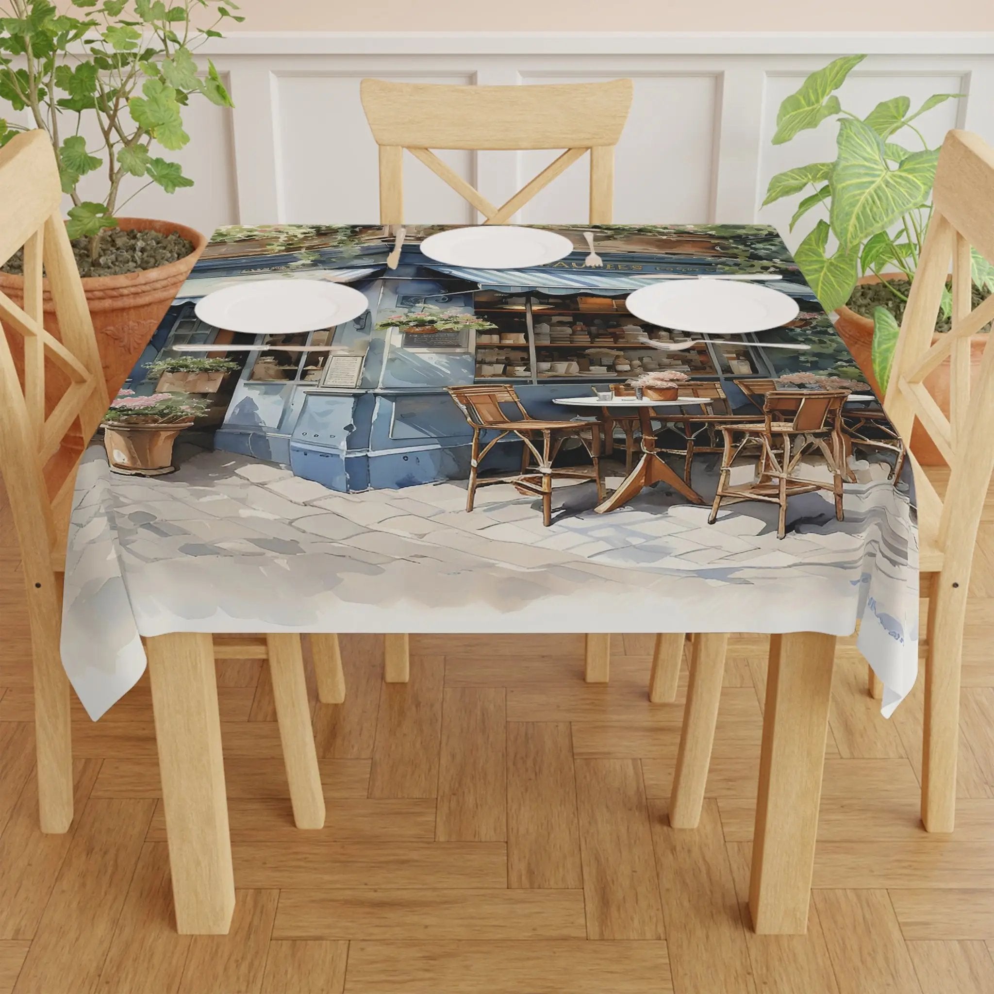 Square tablecloth | a table with a table cloth with a picture of a table and chairs