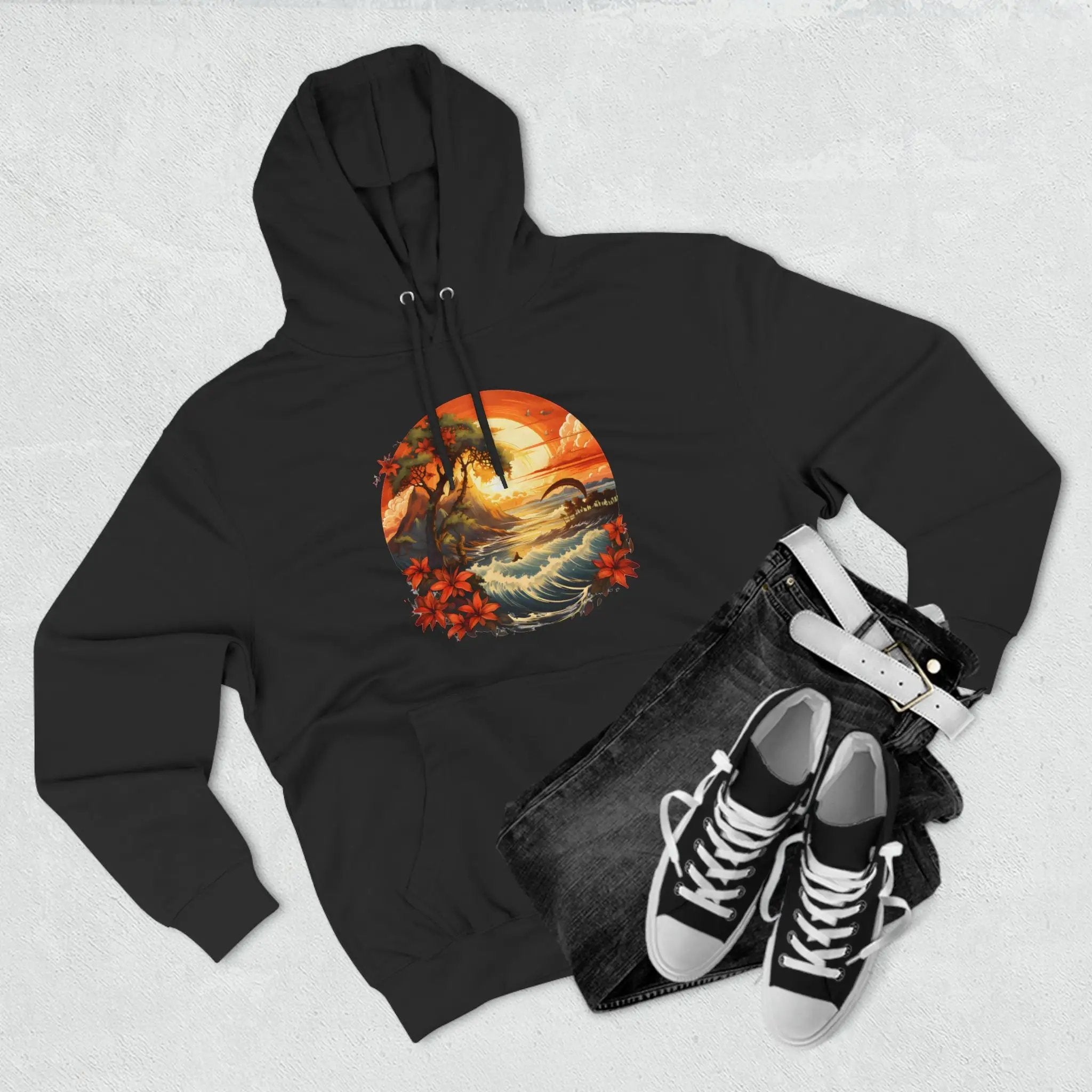 pullover hoodie | a black hoodie with a sunset and palm trees on it