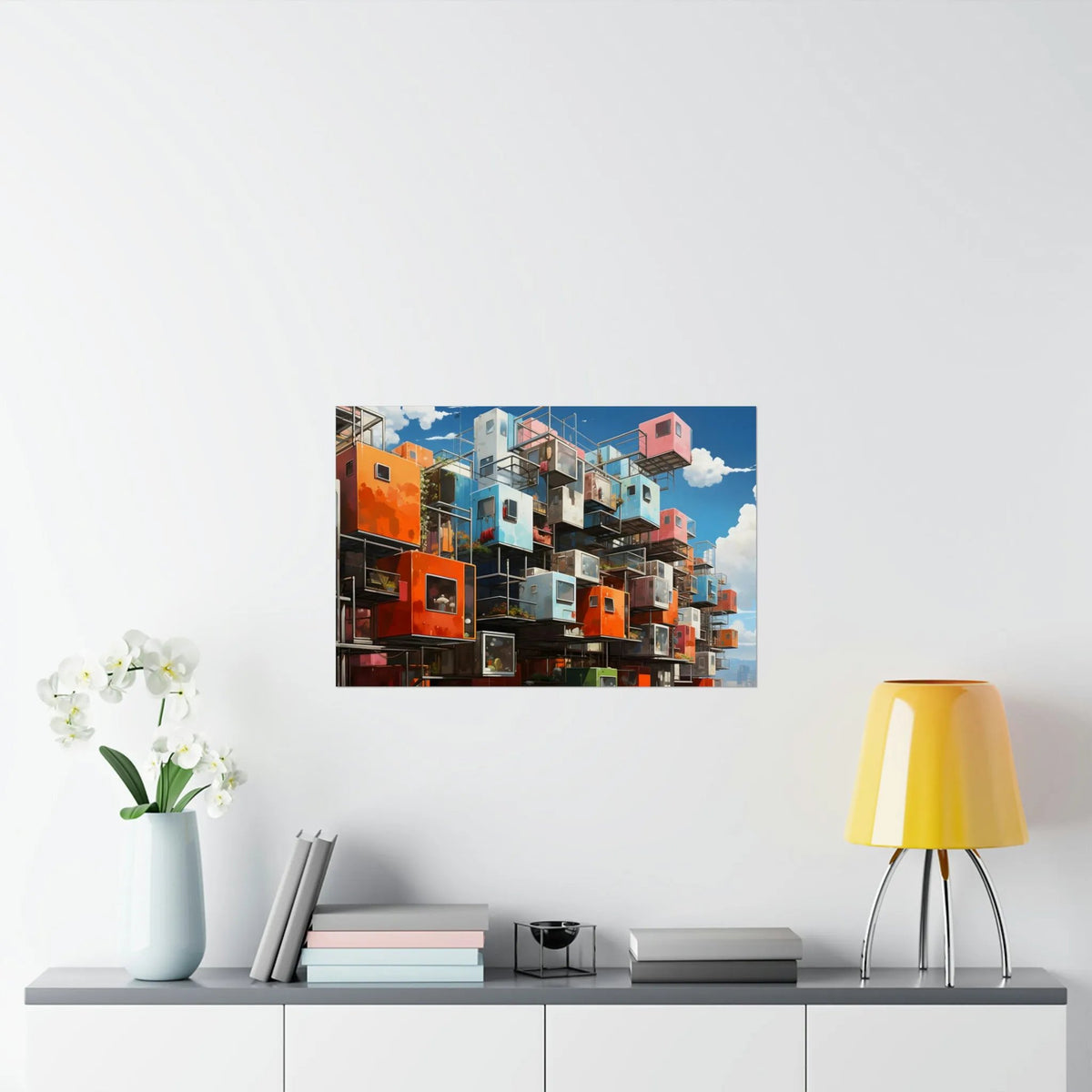 Kawaii Posters | a painting on a wall above a table with a vase of flowers