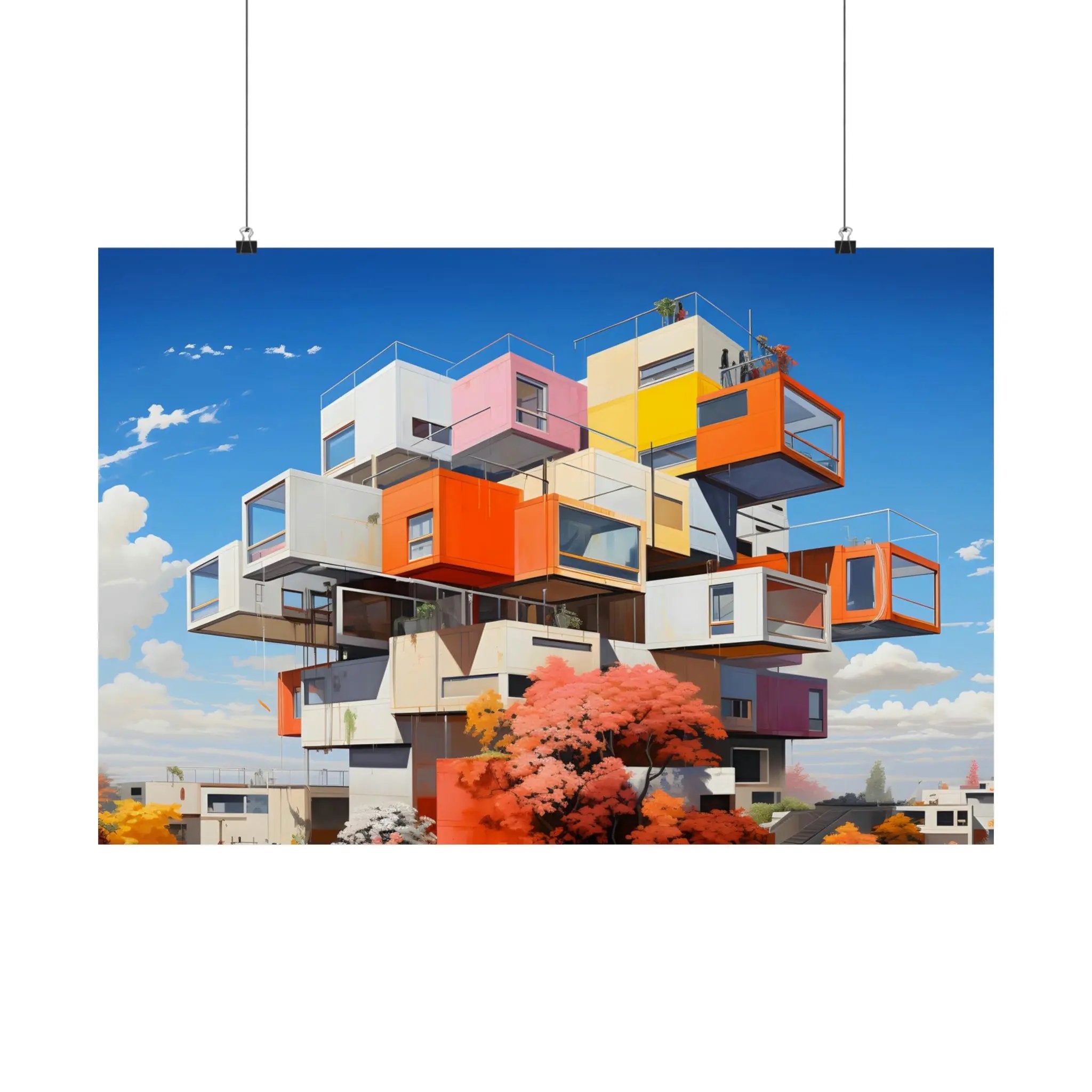 Kawaii Posters | a painting of a multi - colored building with balconies and balconies