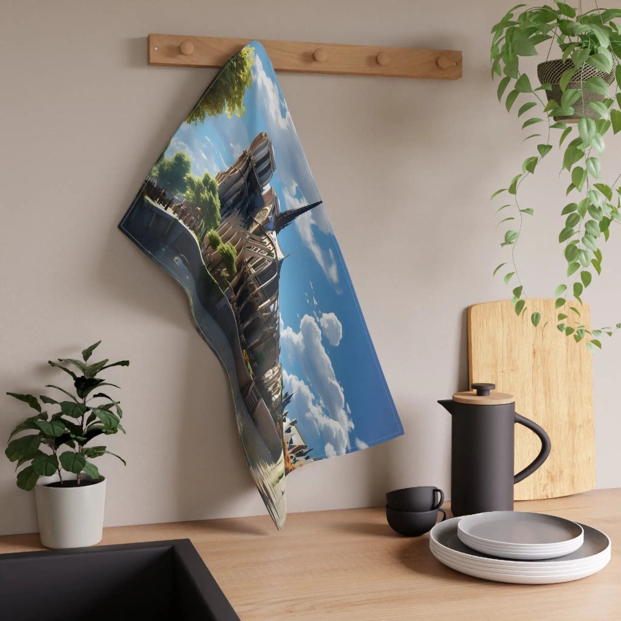 Kitchen Towel | a tea towel hanging on a wall next to a potted plant