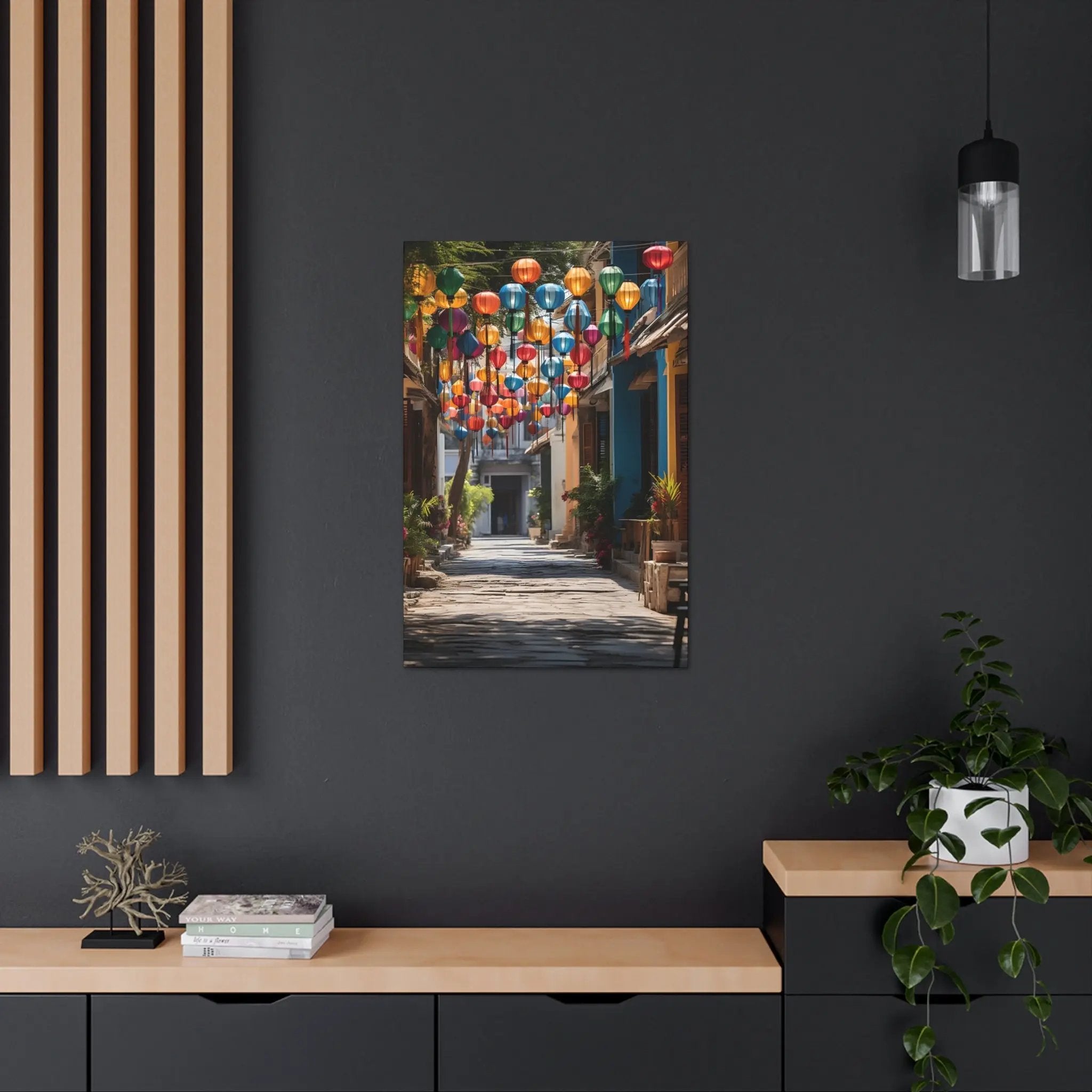 Canvas Gallery Wraps | a picture of a street with lanterns hanging from the ceiling