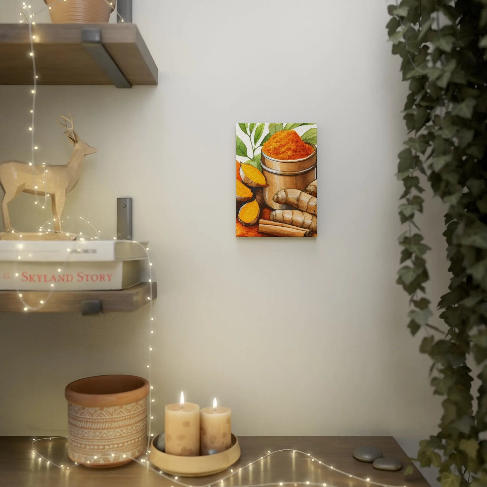 Canvas Gallery Wraps | a shelf with candles and a deer figurine on it