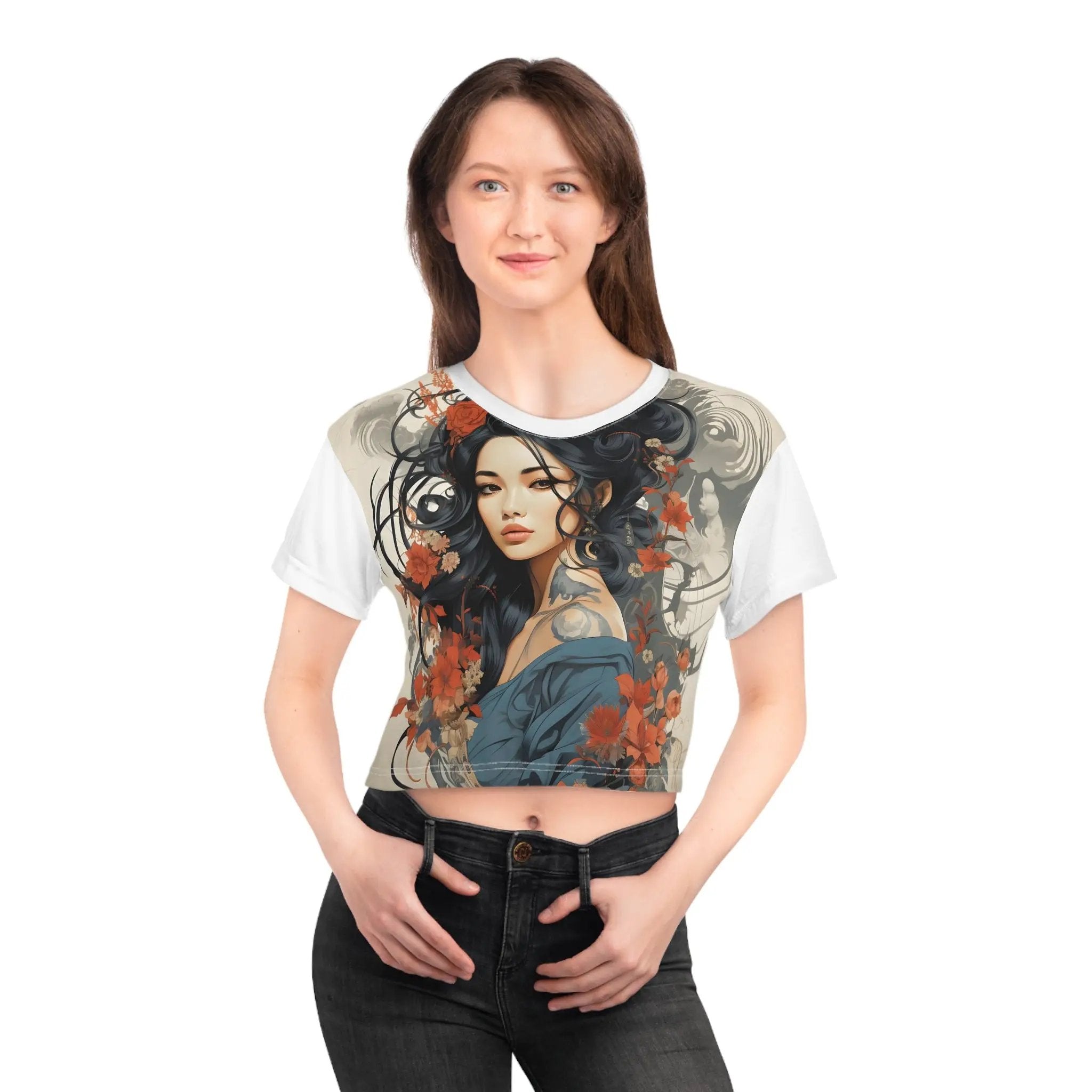 Crop shirts for women | a woman wearing a t - shirt with a picture of a woman on it