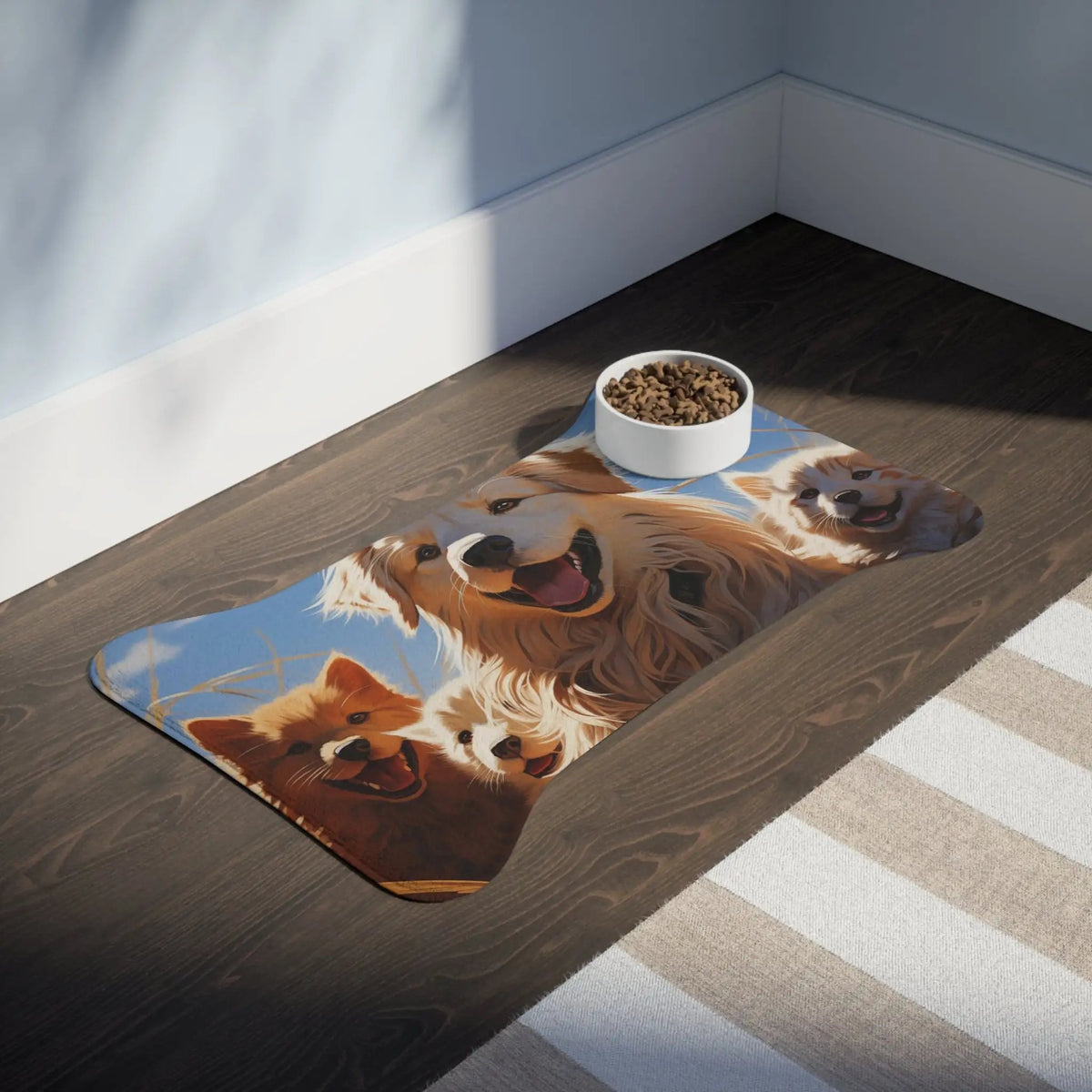 Pet Feeding Mats | a bowl of cereal and a bowl of dog food on the floor