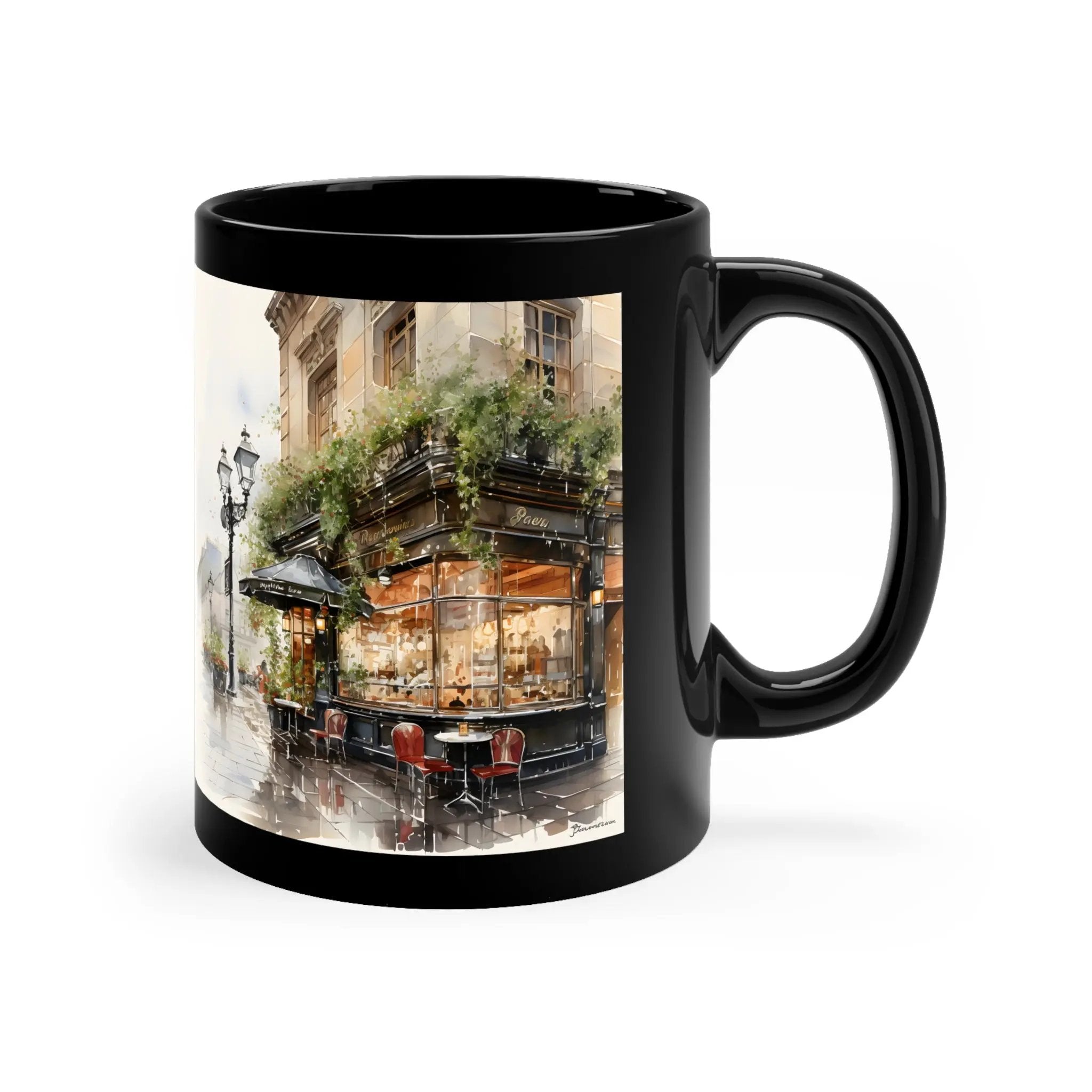 Mugs coffee | a black coffee mug with a picture of a cafe