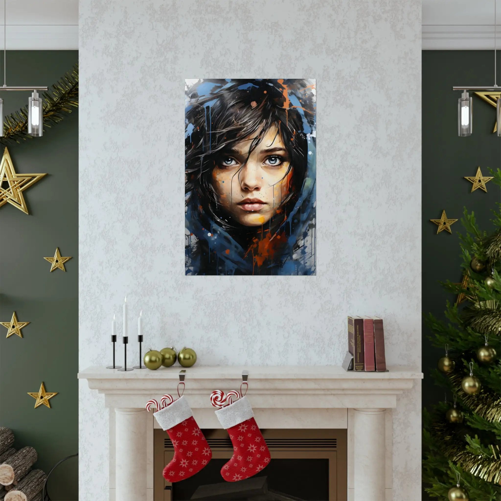 Kawaii Posters | a living room with a fire place and a Christmas tree