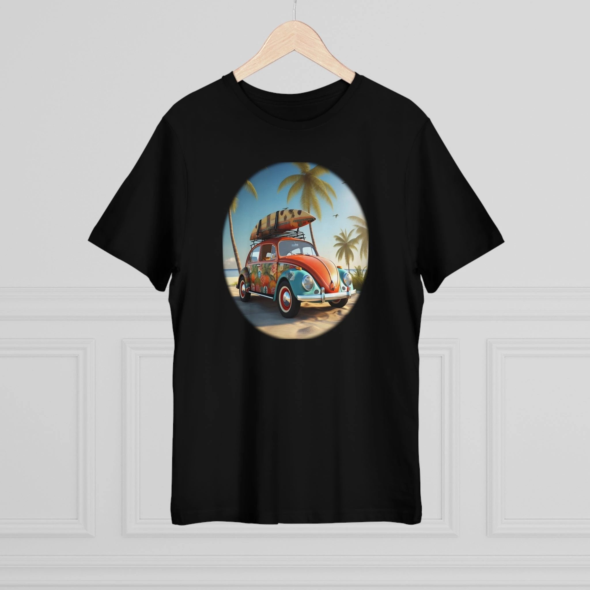 graphic men shirt | a black t - shirt with an image of a car with luggage on