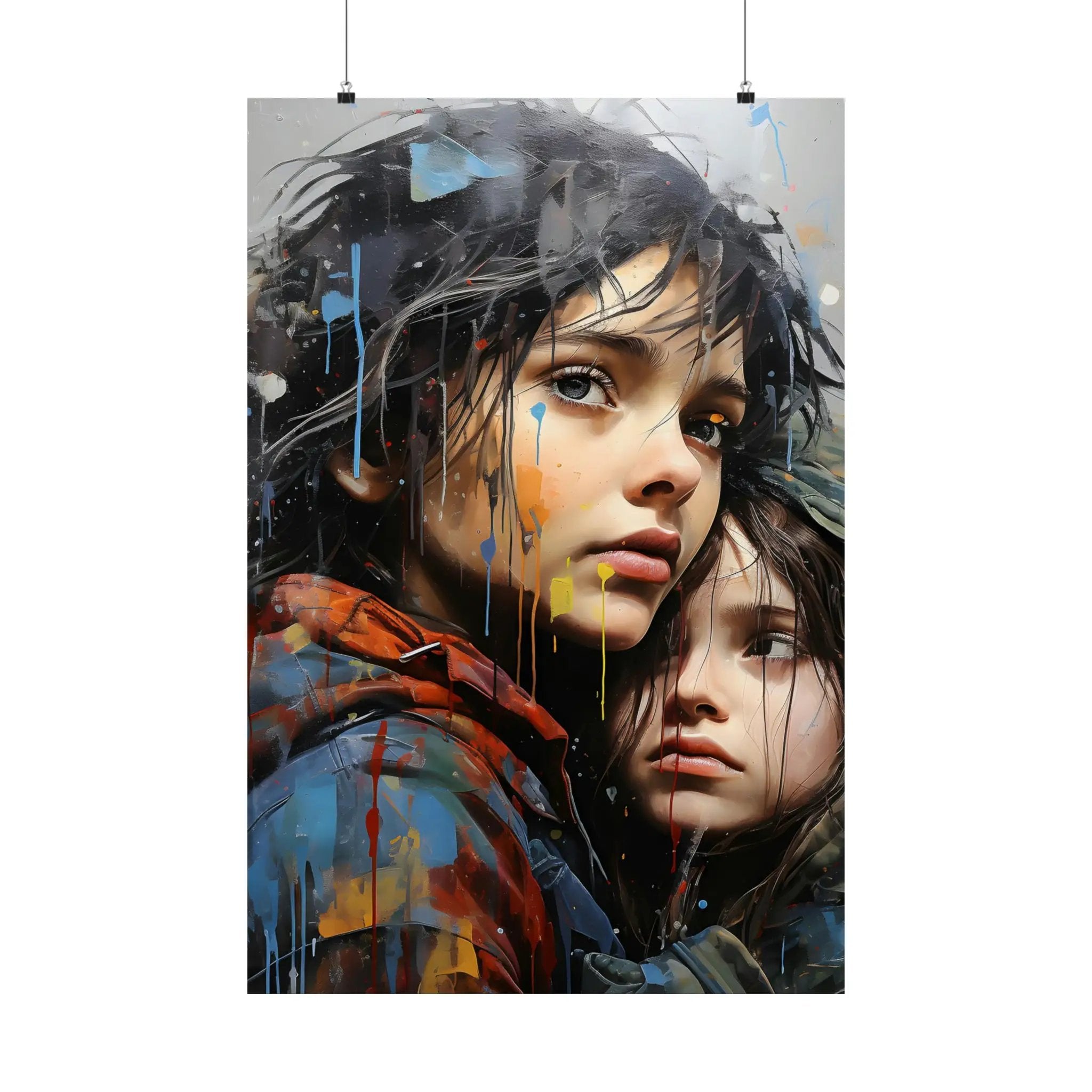 Kawaii Posters | a painting of two people with a rain streaked background