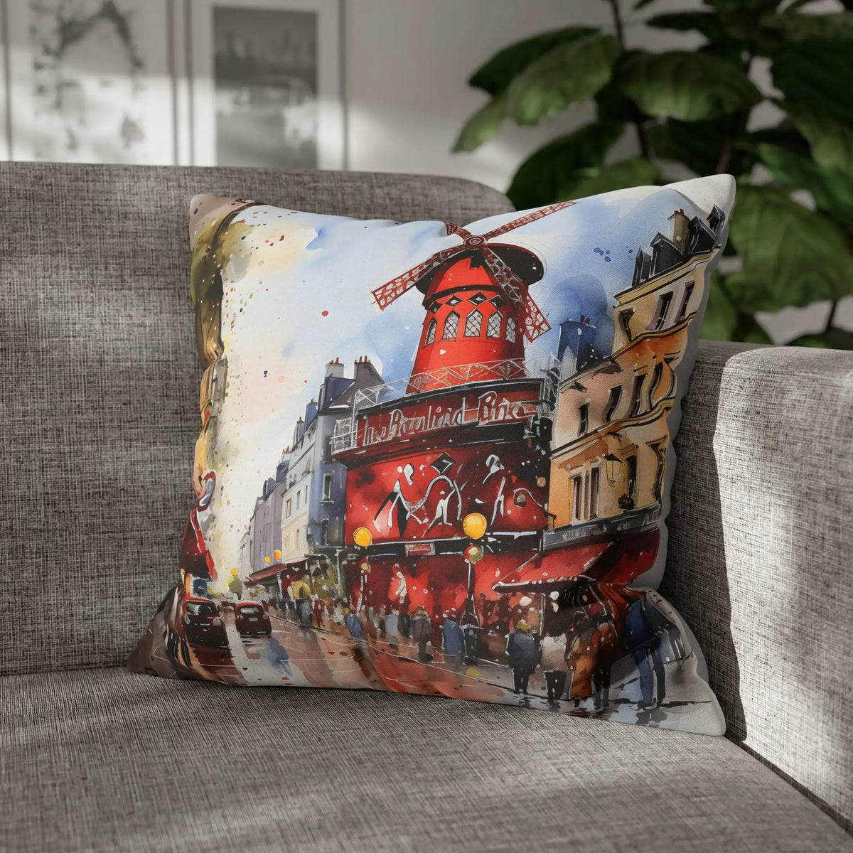 pillow cover | a pillow with a painting of a windmill on it