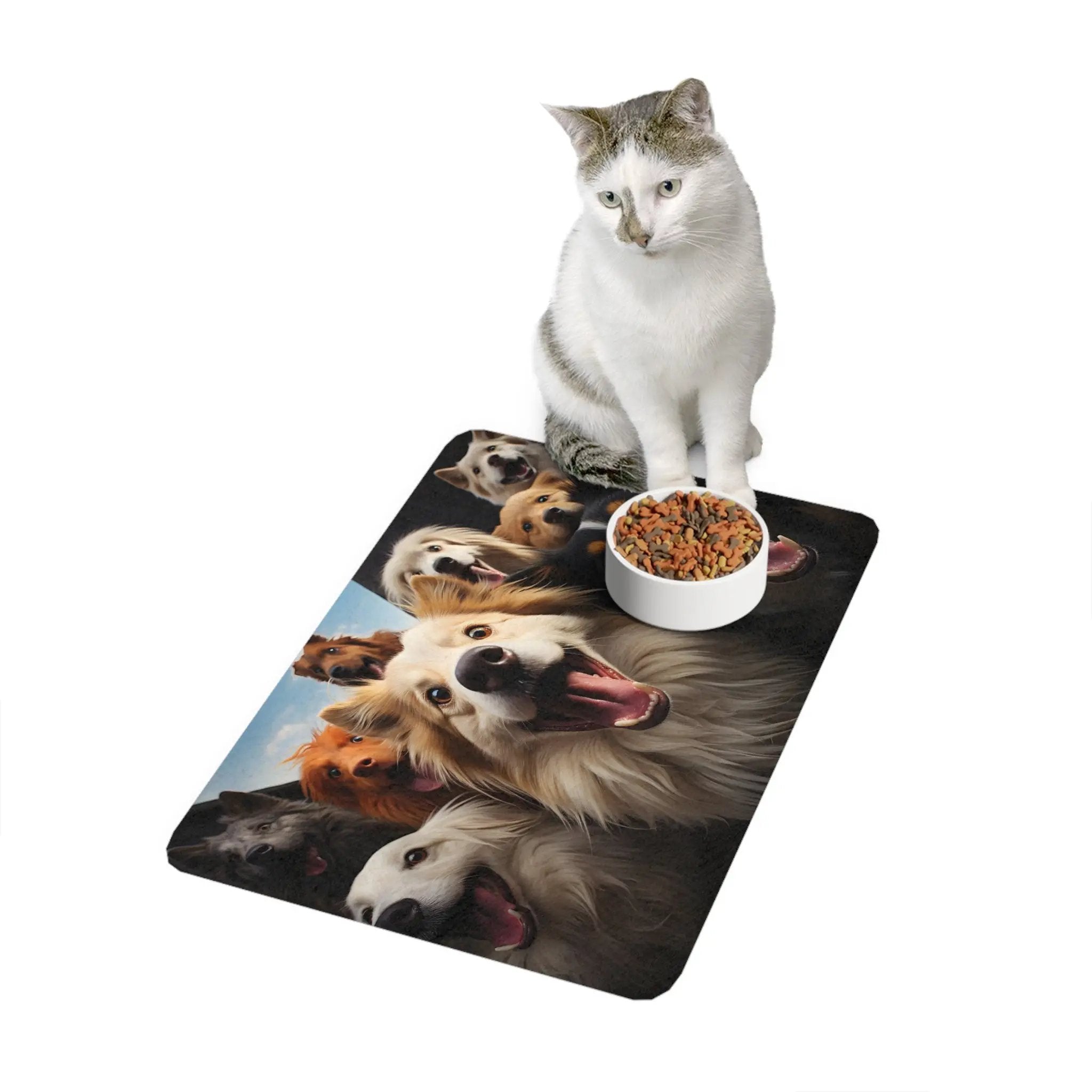 Pet Food Mat | a cat sitting on top of a mat with a bowl of food