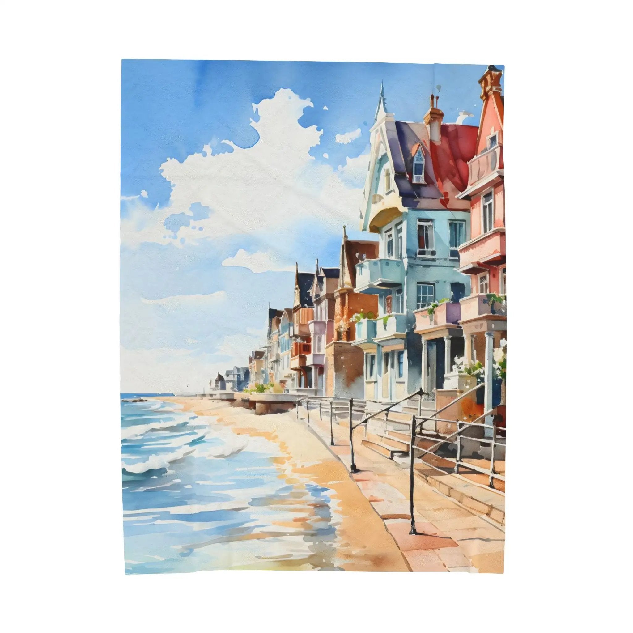 bedroom Blanket | a painting of a row of houses on a beach