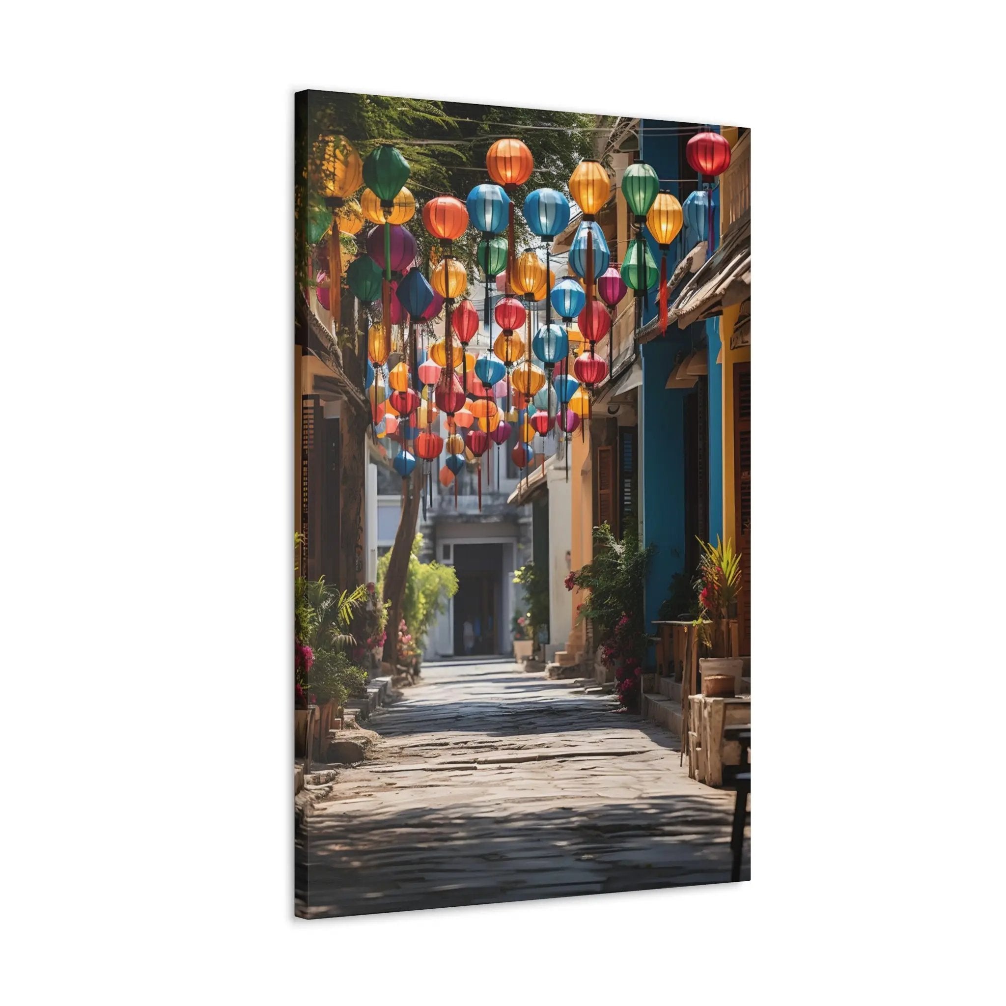 Canvas Gallery Wraps | a street with a bunch of colorful lanterns hanging from the ceiling