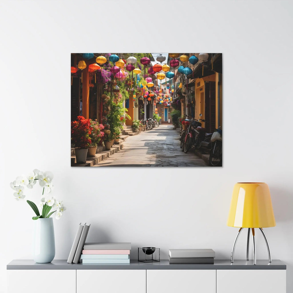 Canvas Gallery Wraps | a picture of a street with a bunch of umbrellas hanging above it