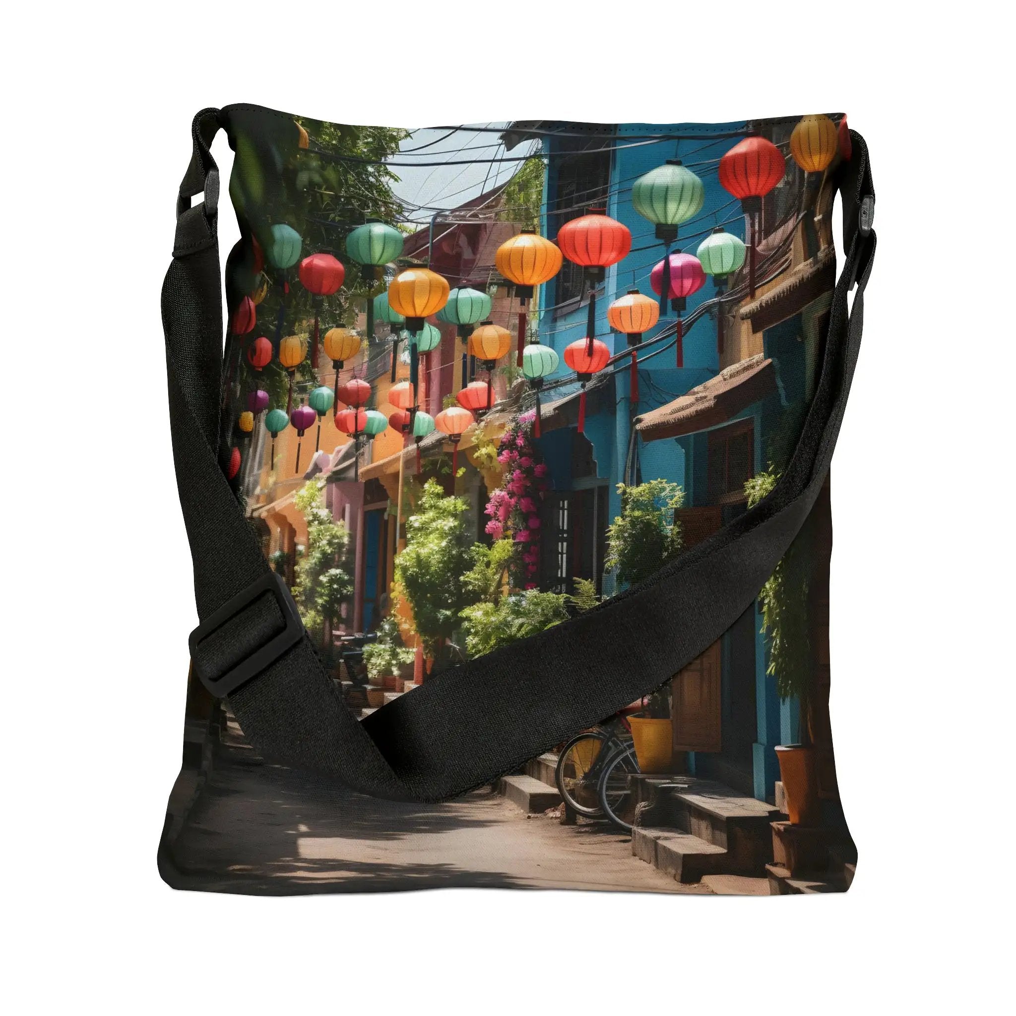 Weekender tote bag | a bag with a picture of a street with lanterns