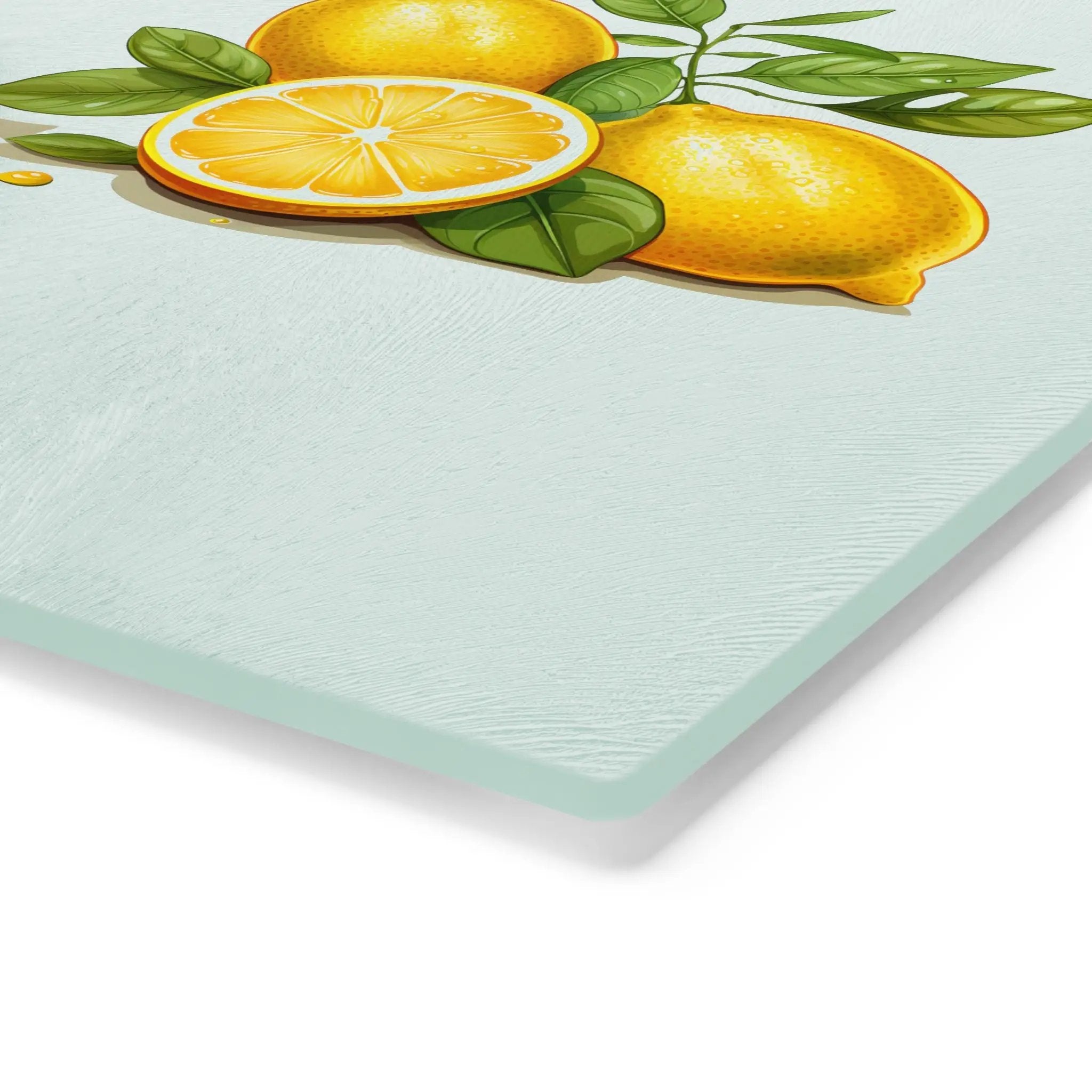 Cutting board | a painting of lemons with leaves on a light blue background